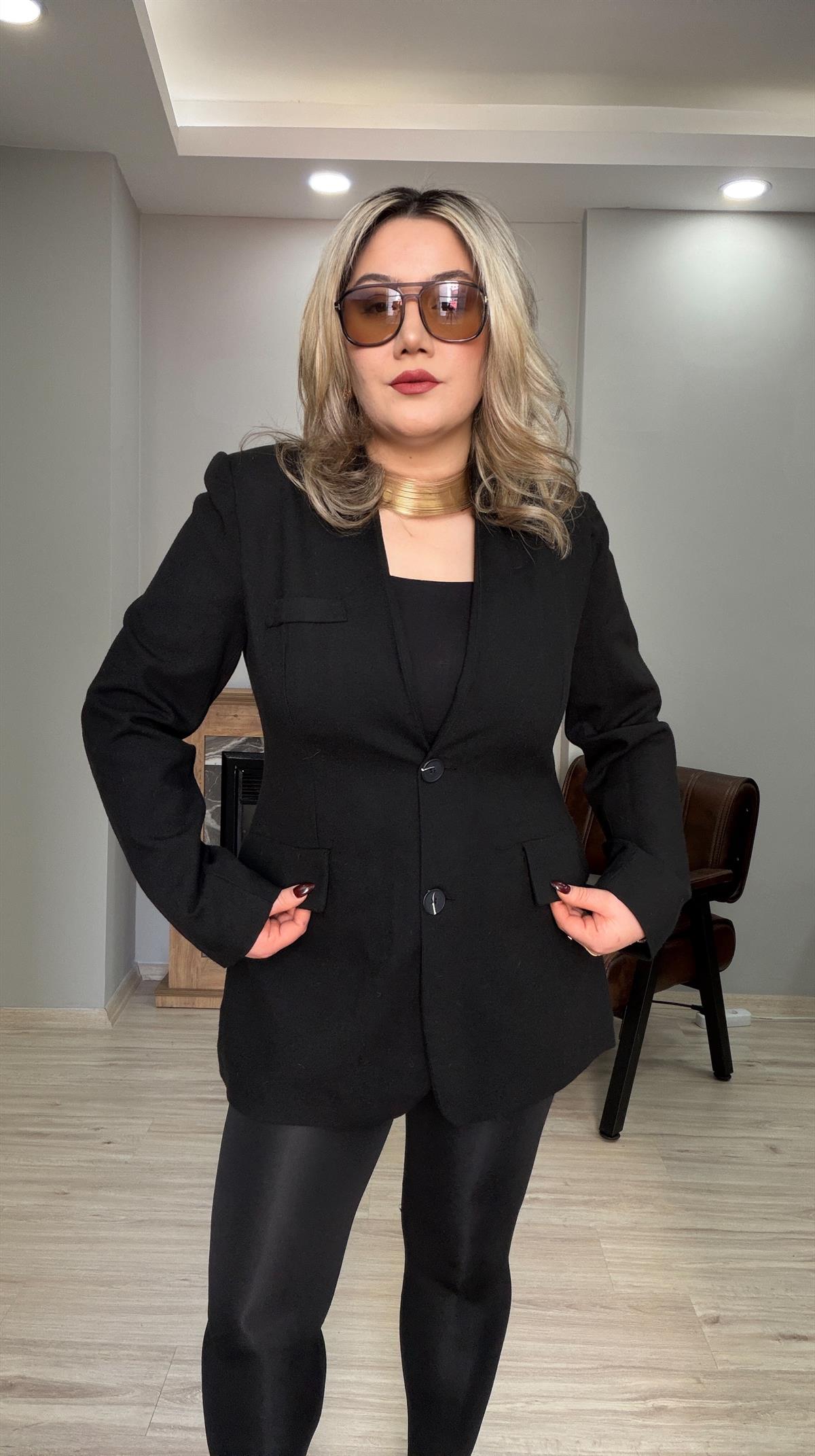YAKASIZ KAŞE CEKET SİYAH 