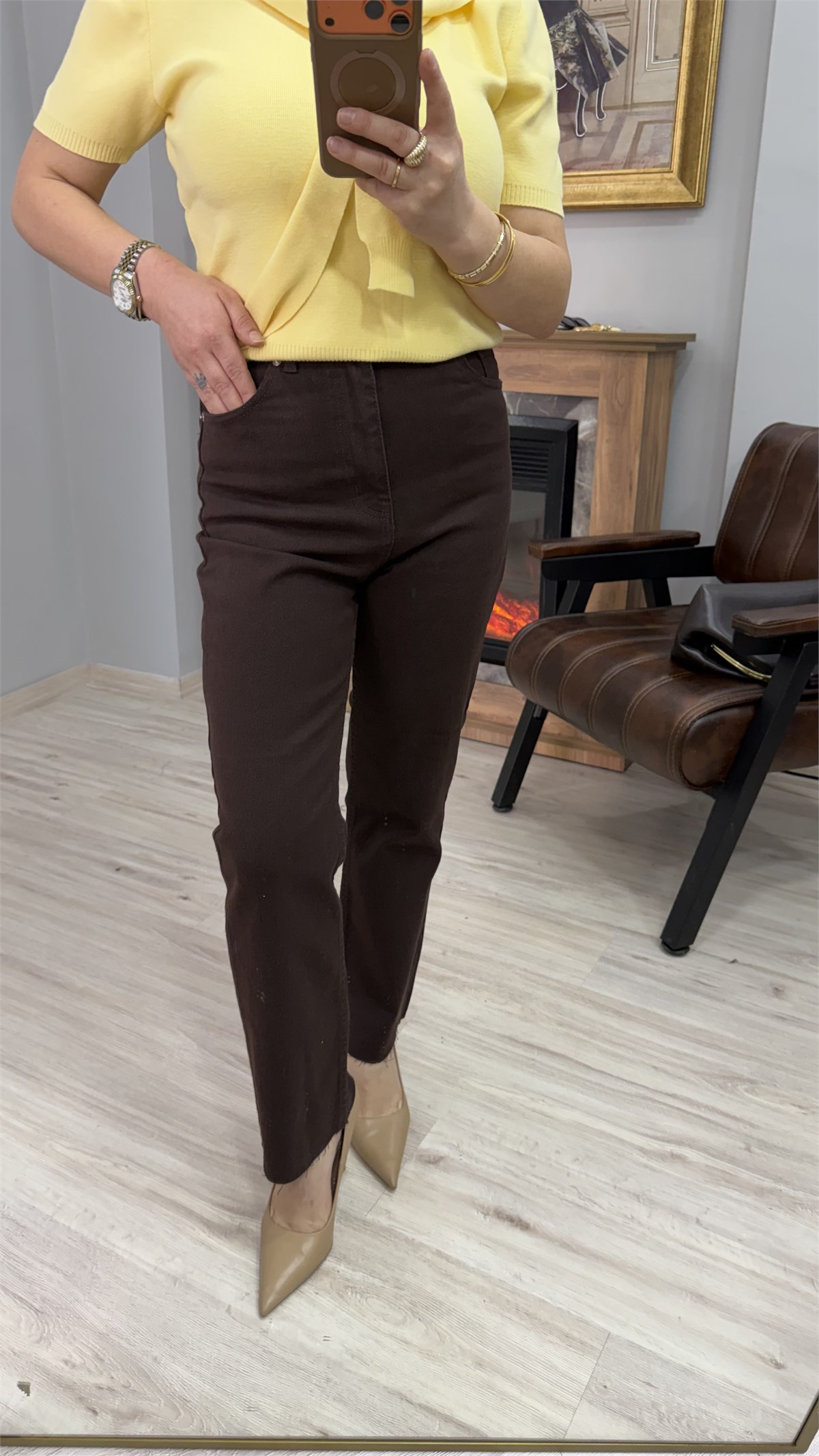 YÜKSEK BEL BOYFİT JEAN KAHVE 
