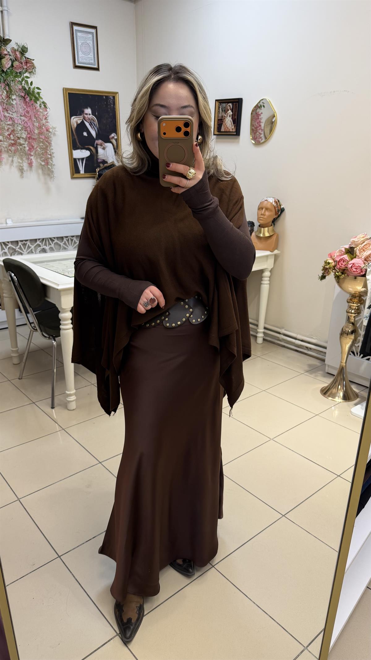 YÜKSEK BEL LASTİKLİ PAMUK SATEN ETEK KAHVE
