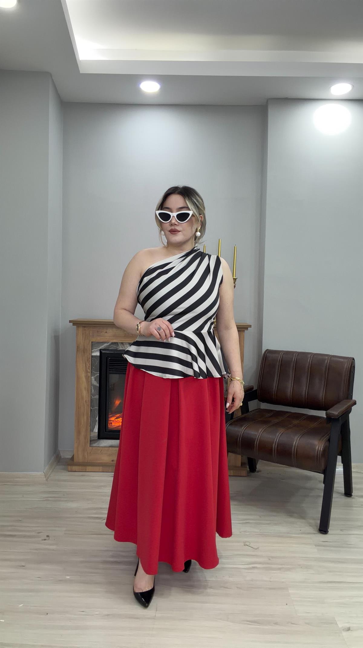 ZEBRA DESEN TEK OMUZ SATEN BLUZ 