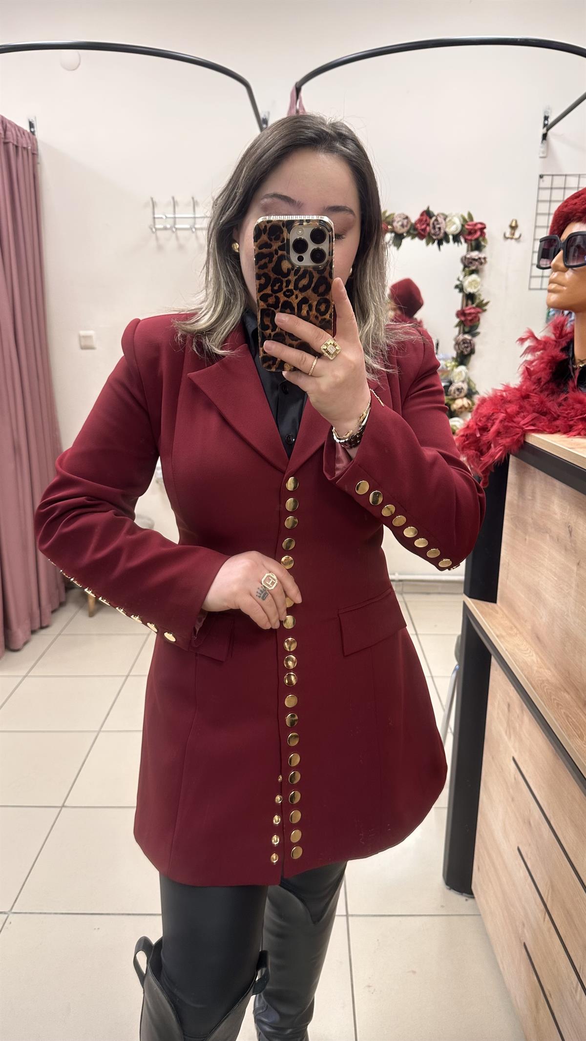 ZIMBA DETAYLI CEKET ELBİSE BORDO