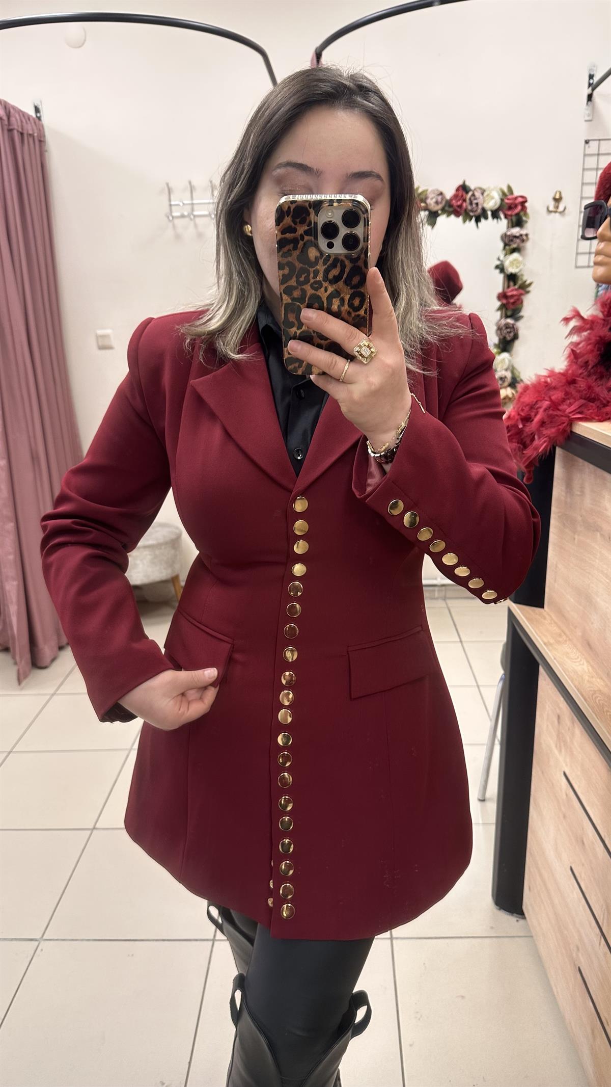 ZIMBA DETAYLI CEKET ELBİSE BORDO