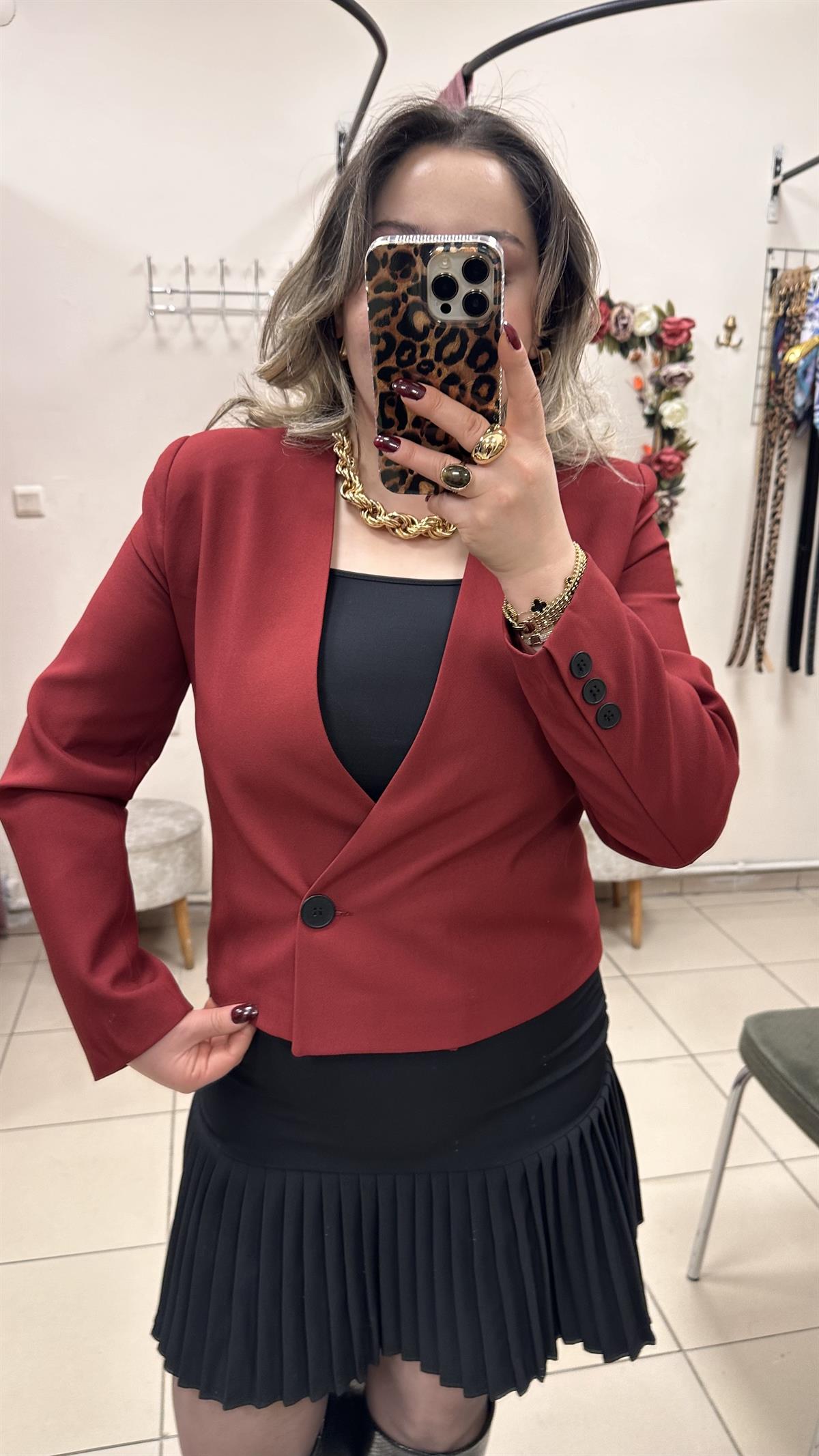 ZR MODEL BORDO CROP YAKASIZ CEKET