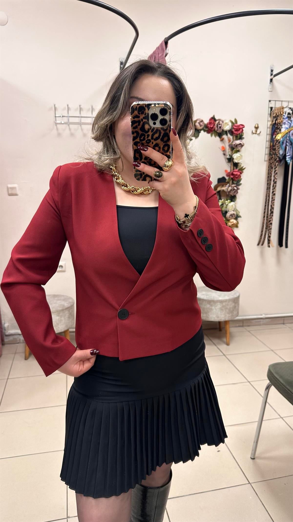 ZR MODEL BORDO CROP YAKASIZ CEKET