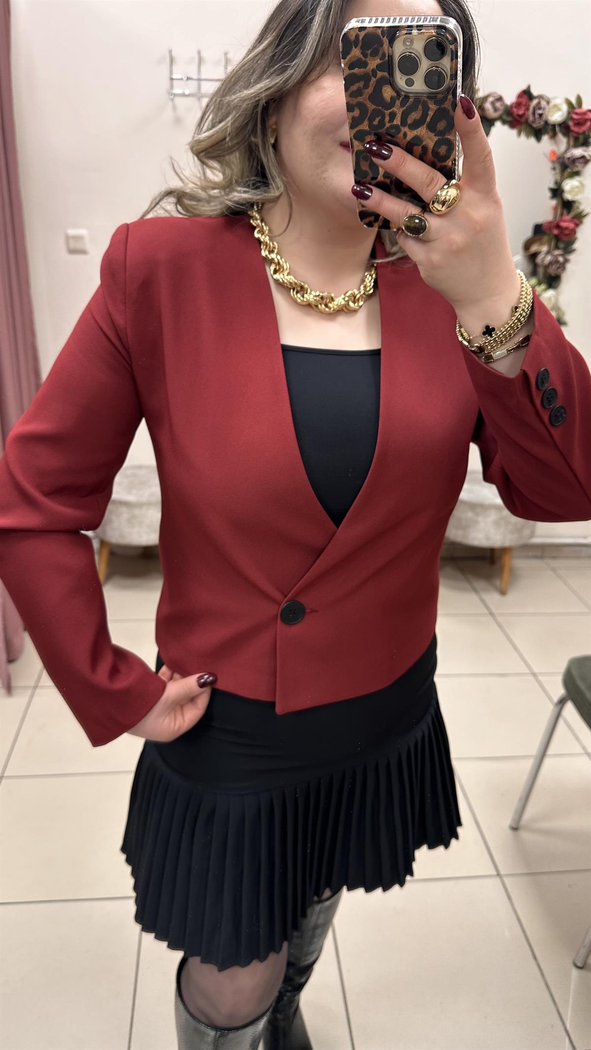 ZR MODEL BORDO CROP YAKASIZ CEKET