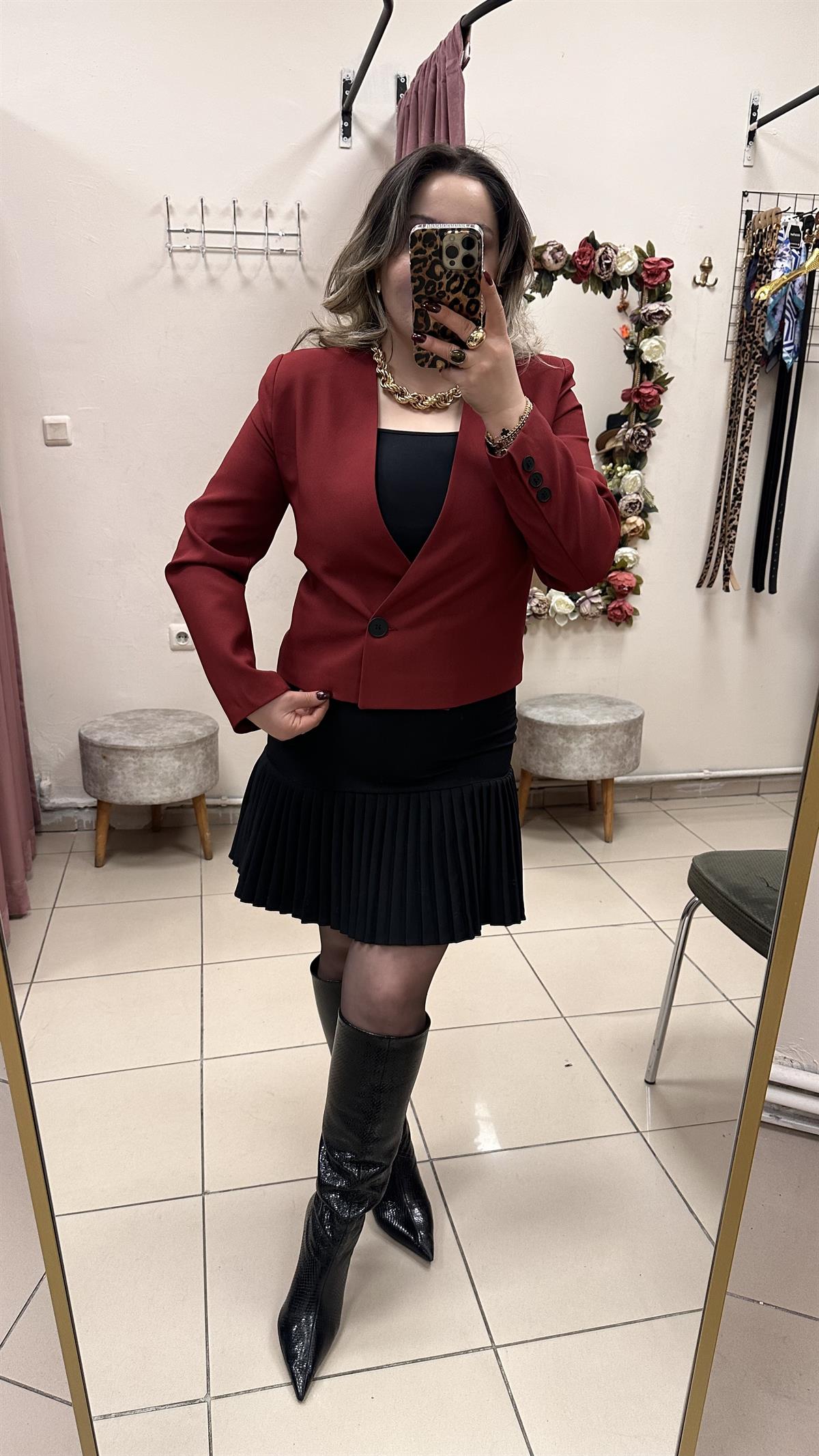 ZR MODEL BORDO CROP YAKASIZ CEKET