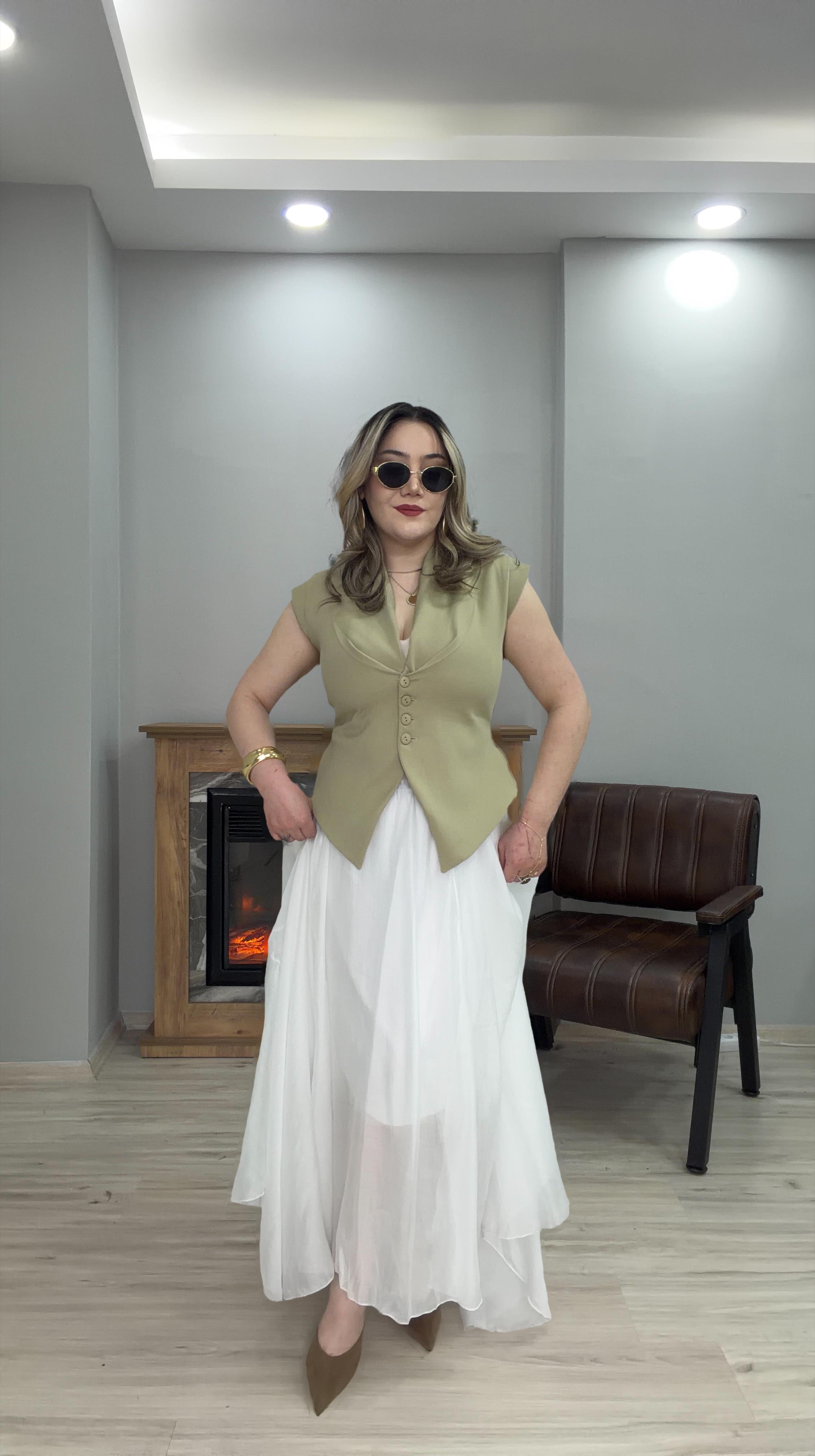  BELİ LASTİKLİ ASİMETRİK TENSEL ETEK BEYAZ