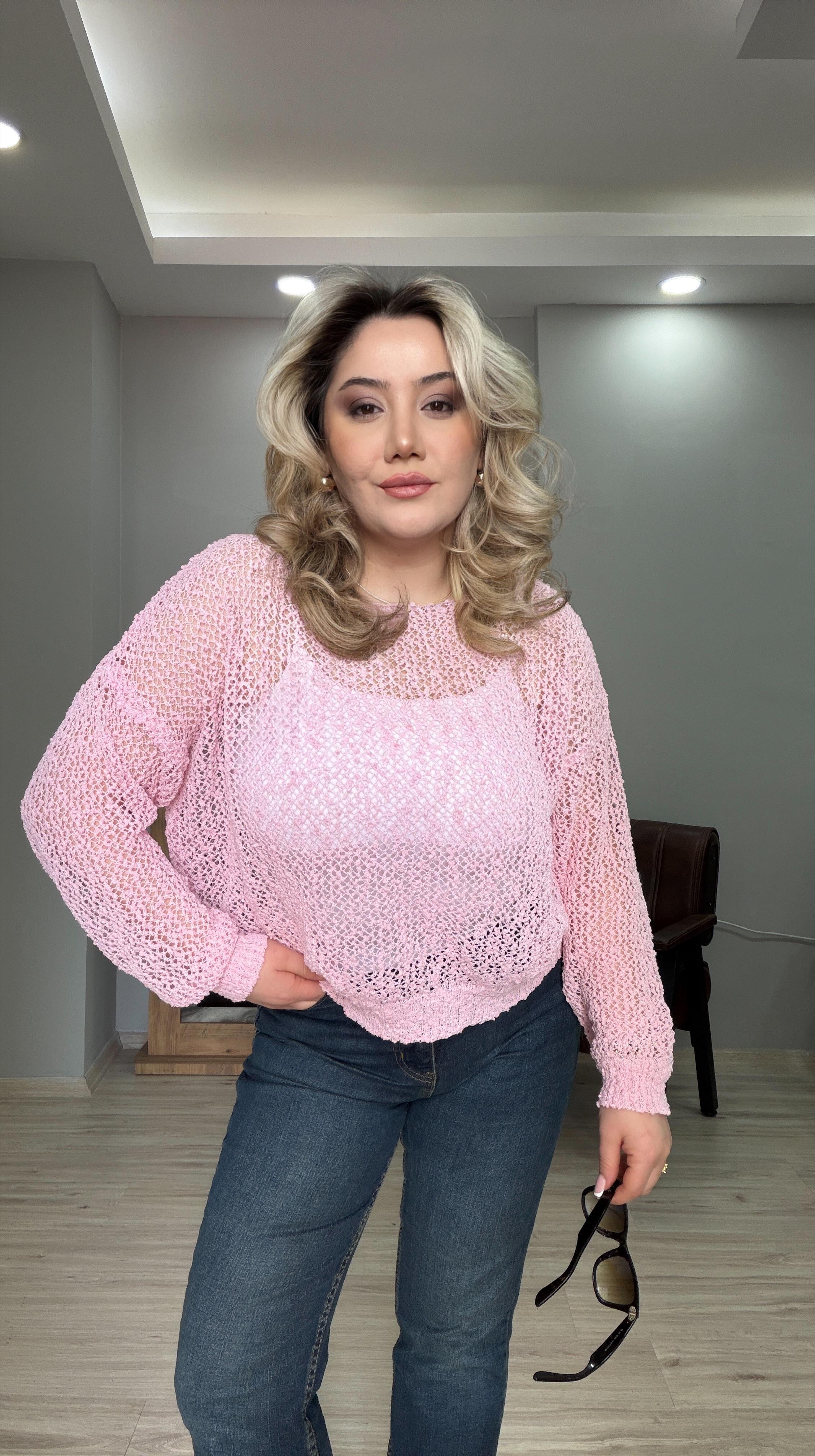 AJURLU TRİKO KAZAK PEMBE