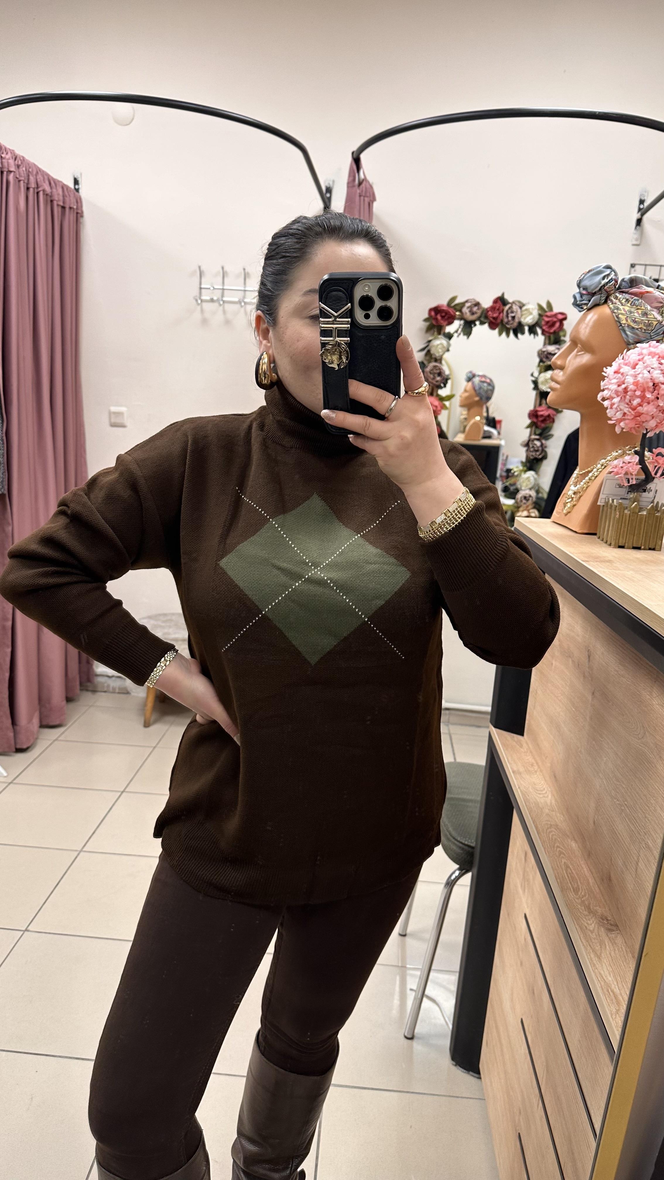 BALIKÇI YAKA BAKLAVA DESEN KAZAK KAHVE