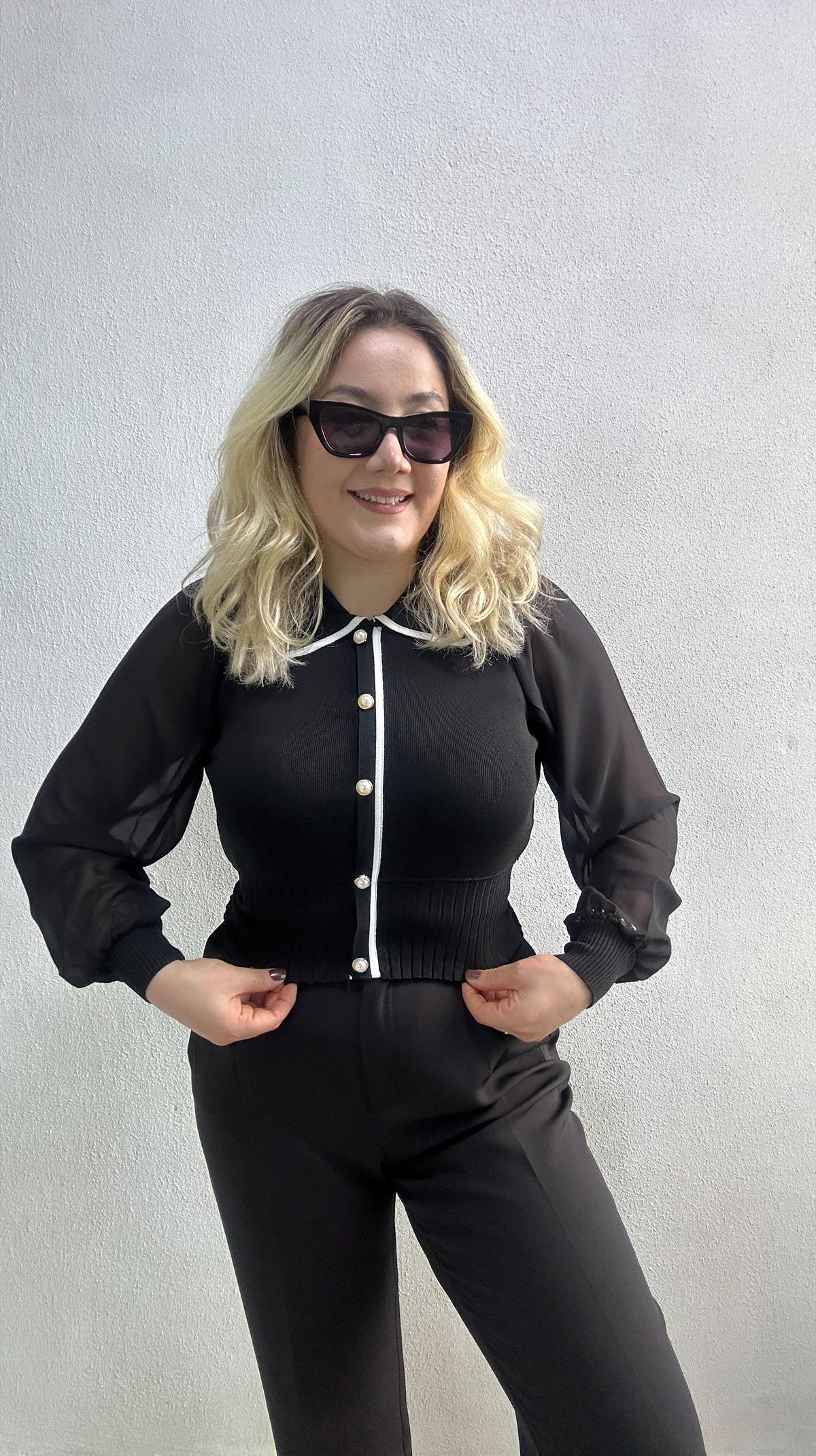 Bebe Yaka İnci Düğmeli Şifon Kol Triko Siyah