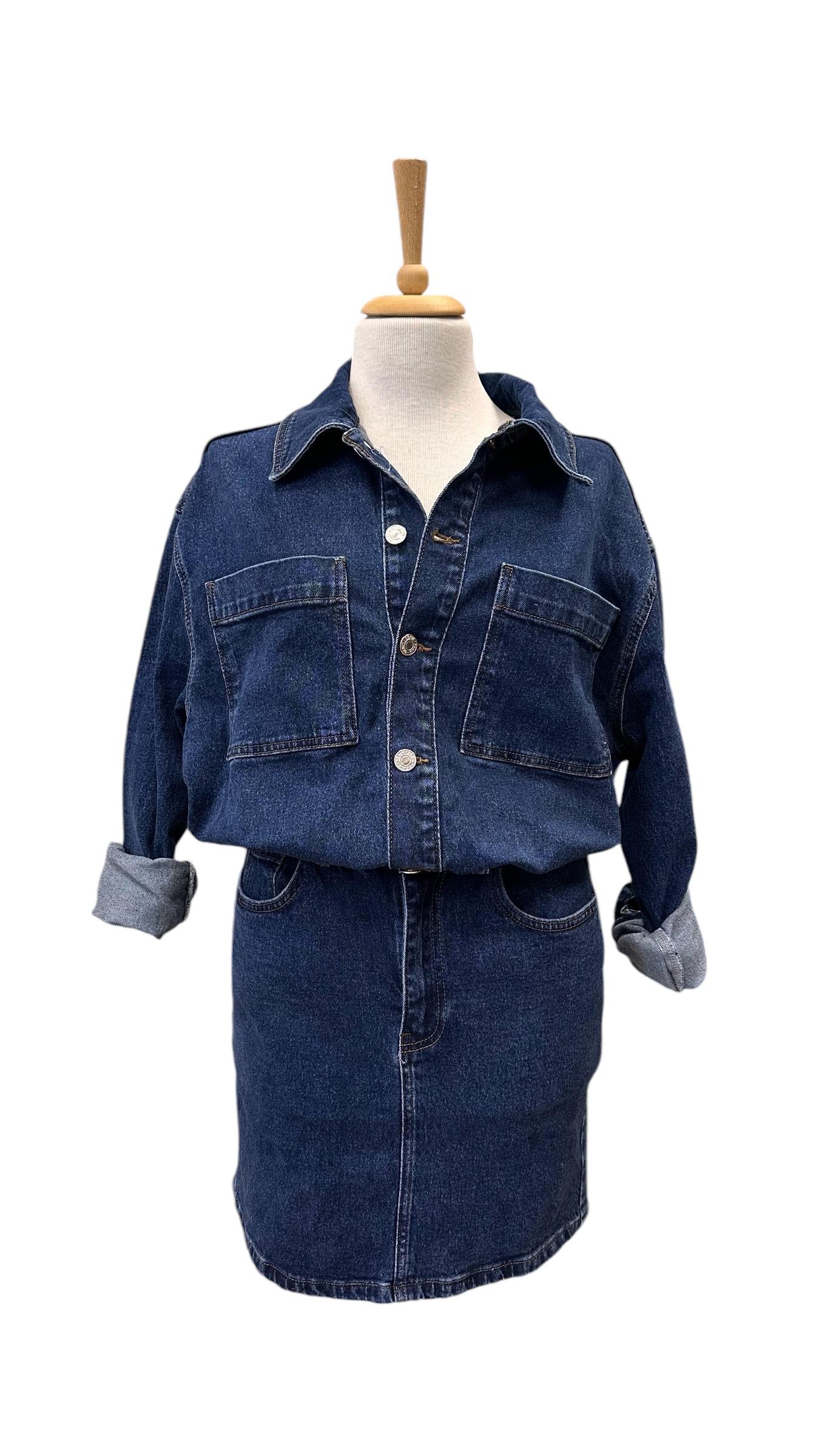 BELİ LASTİKLİ  DİZ ÜSTÜ JEAN ELBİSE