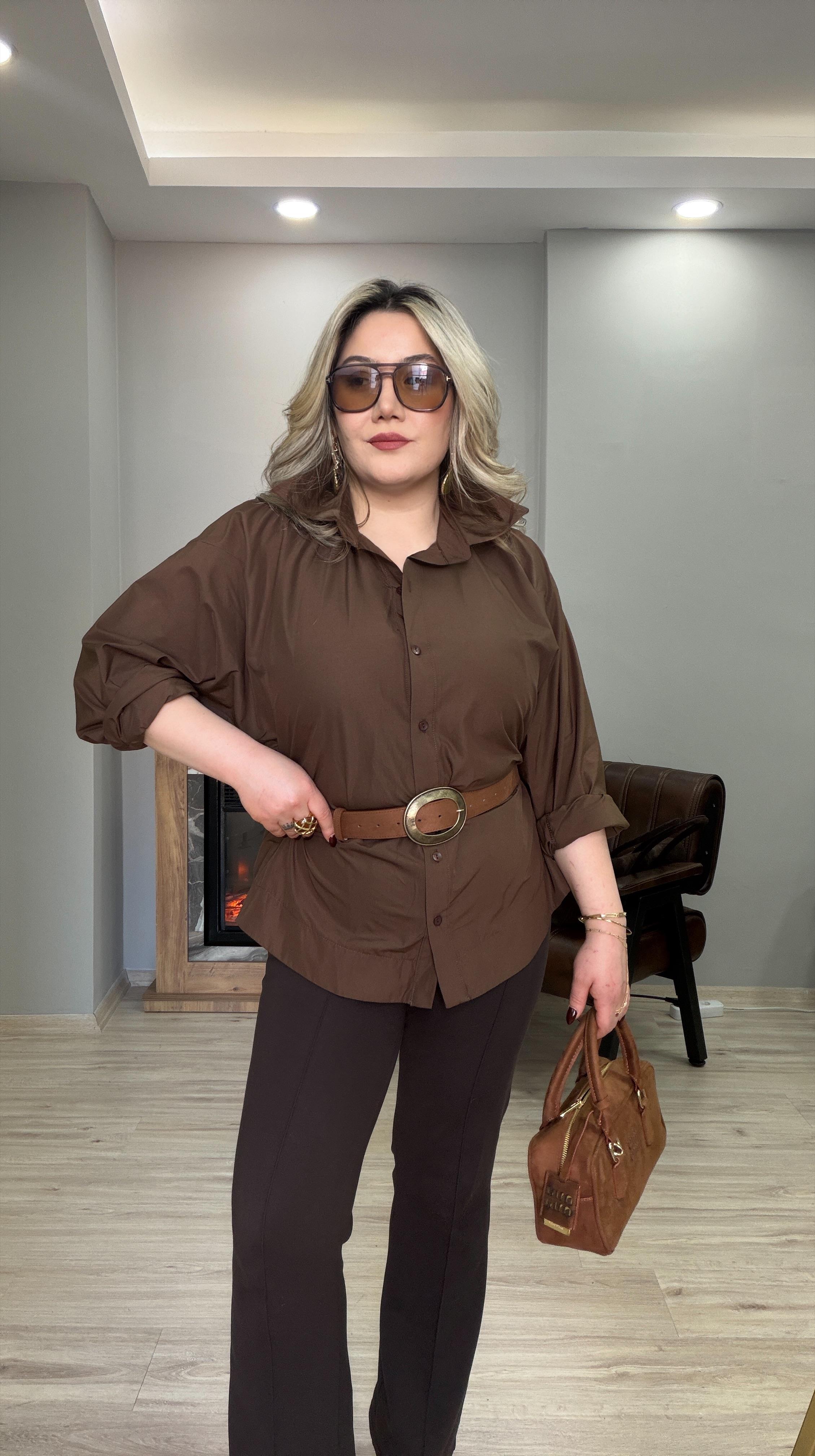 BELİ LASTİKLİ POPLİN GÖMLEK KAHVE