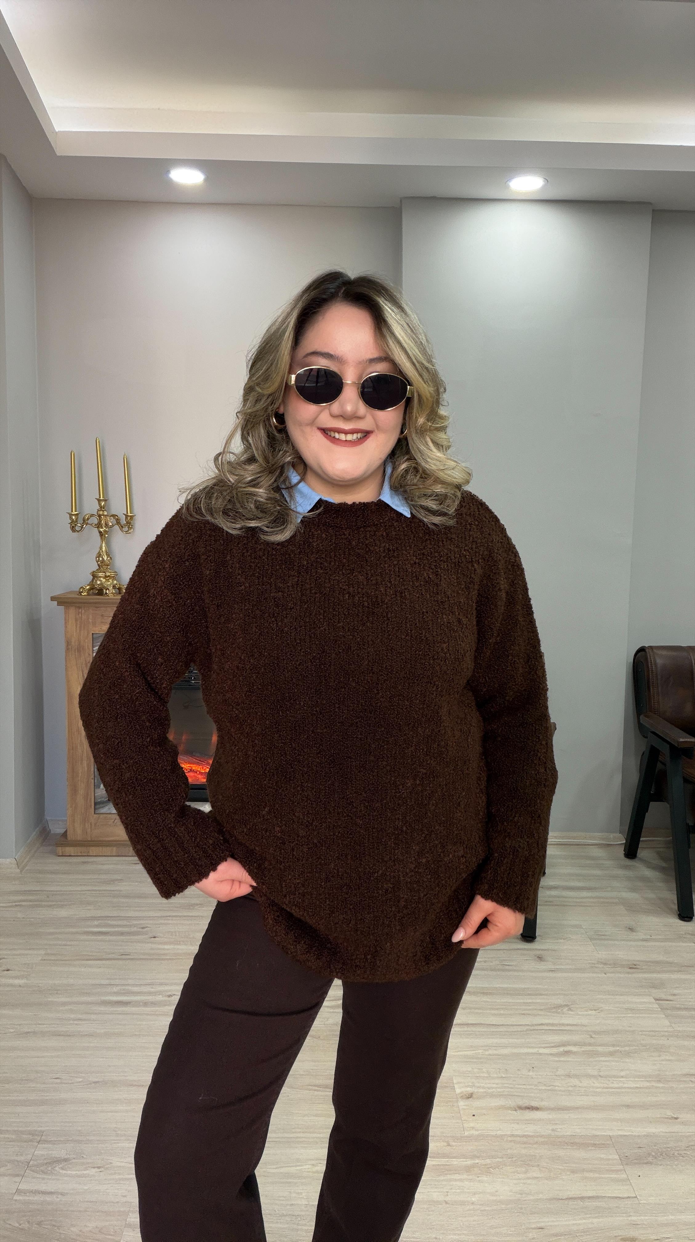 BİSİKLET YAKA BUKLET KAZAK KAHVE