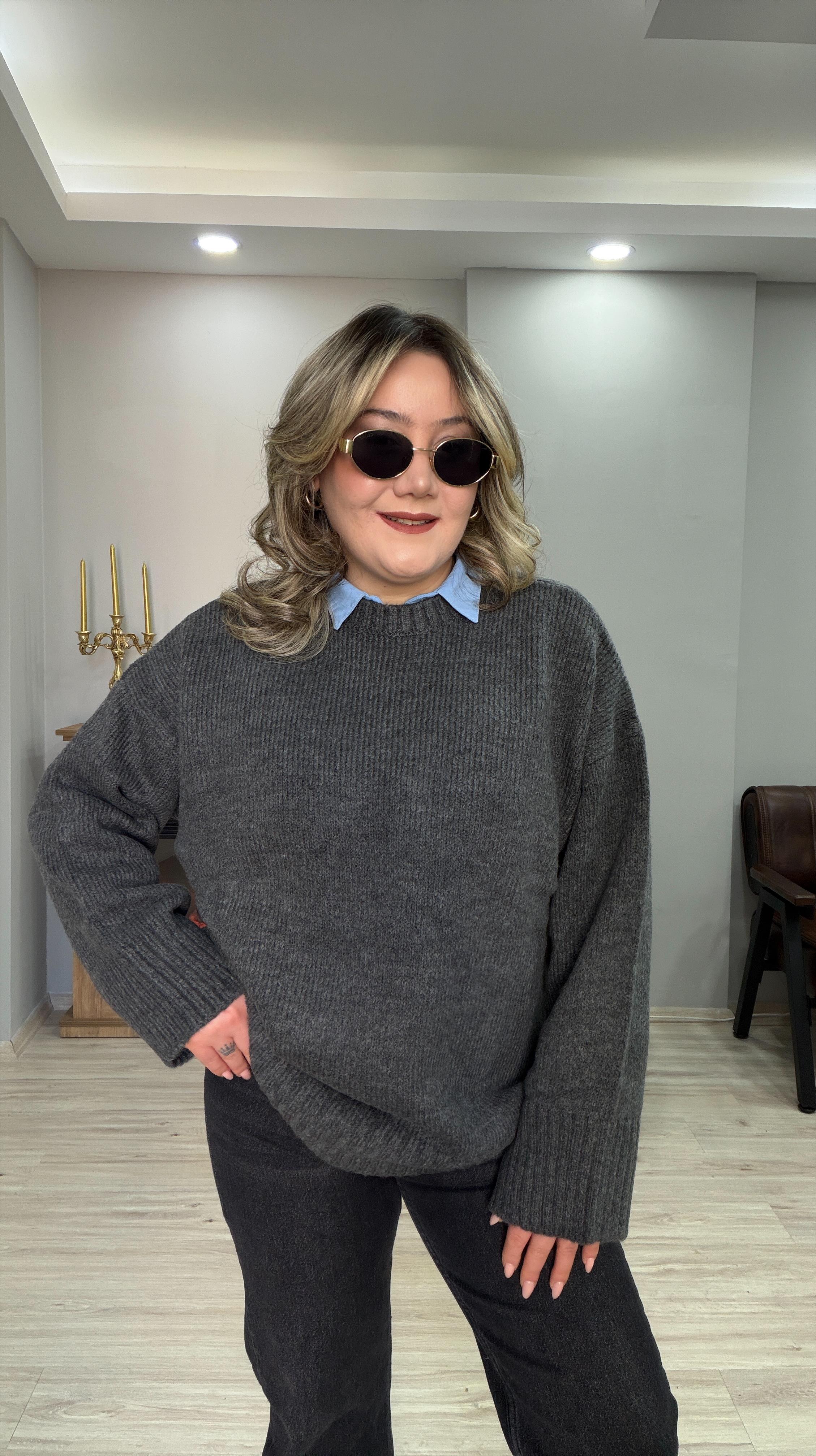 BİSİKLET YAKA CASUAL KAZAK ANTRASİT