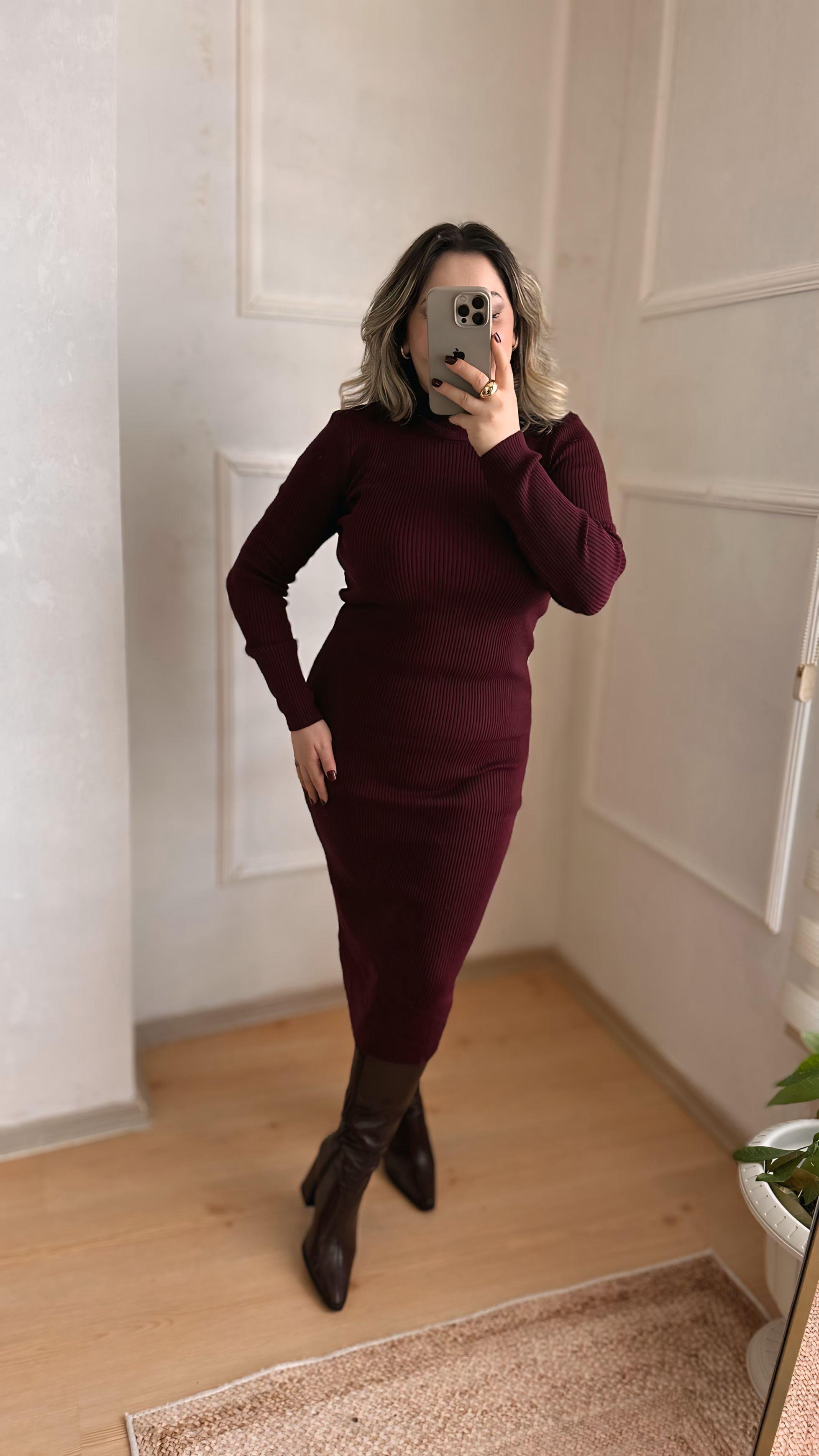 BOĞAZLI TRİKO ELBİSE BORDO