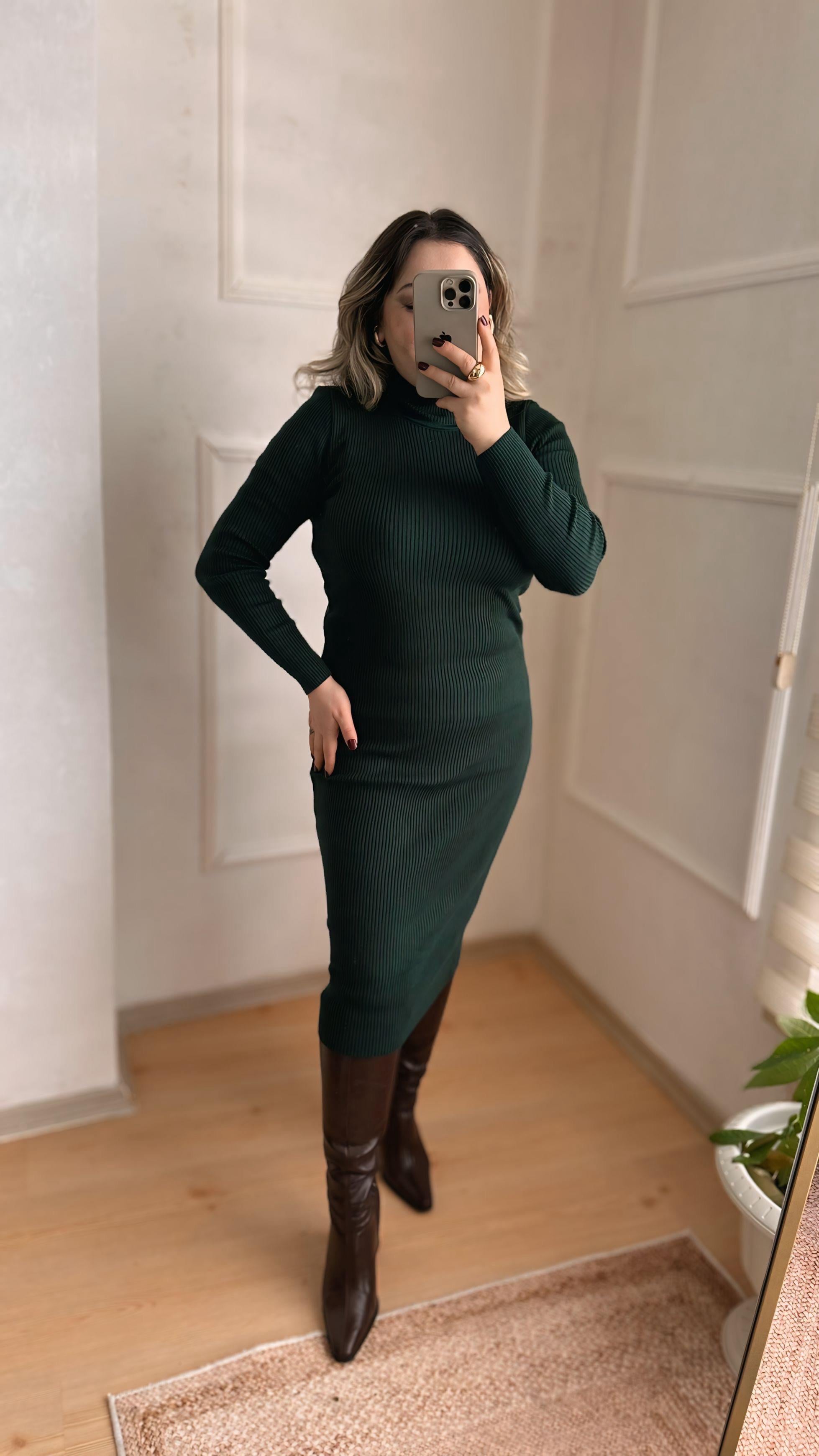 BOĞAZLI TRİKO ELBİSE YEŞİL