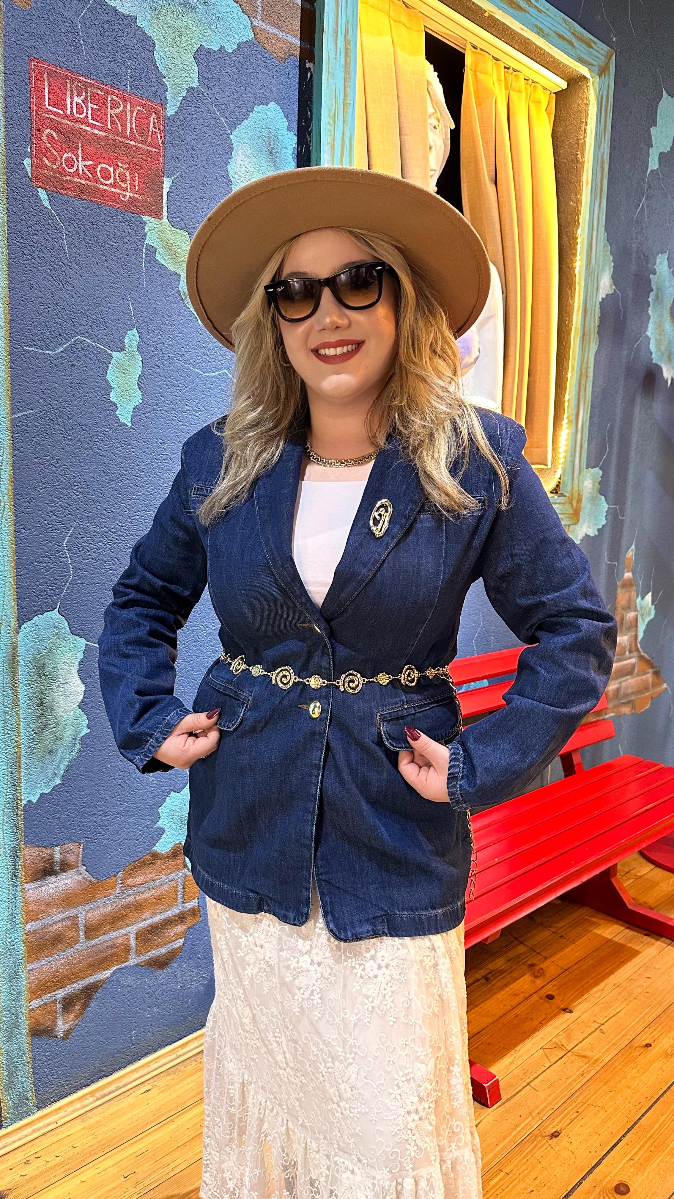 BROŞ DETAYLI KRUVAZE YAKA JEAN BLAZER KAR YIKAMA KOYU MAVİ