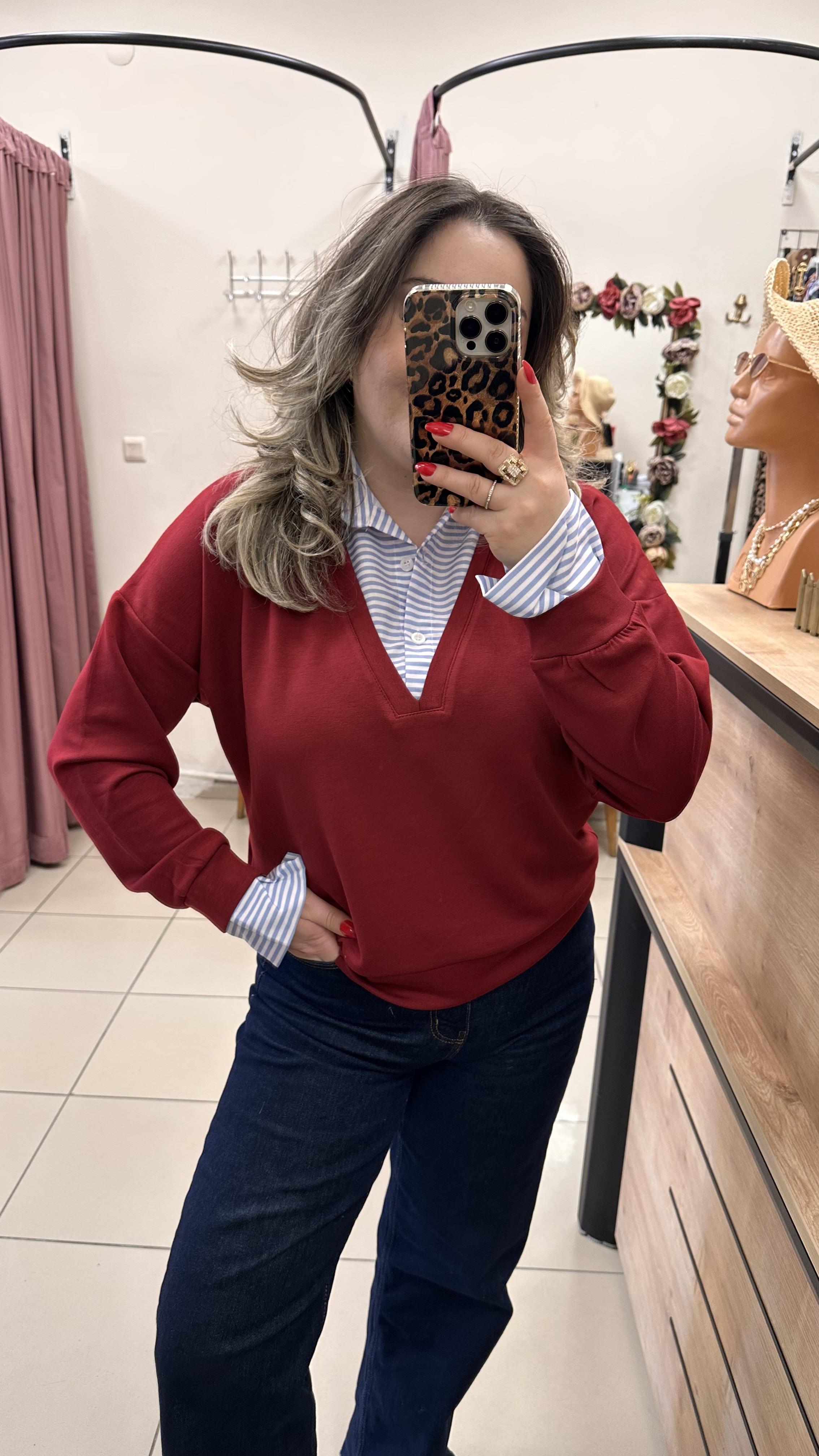 ÇİZGİLİ GÖMLEKLİ MODAL KUMAŞ SWEATSHİRT