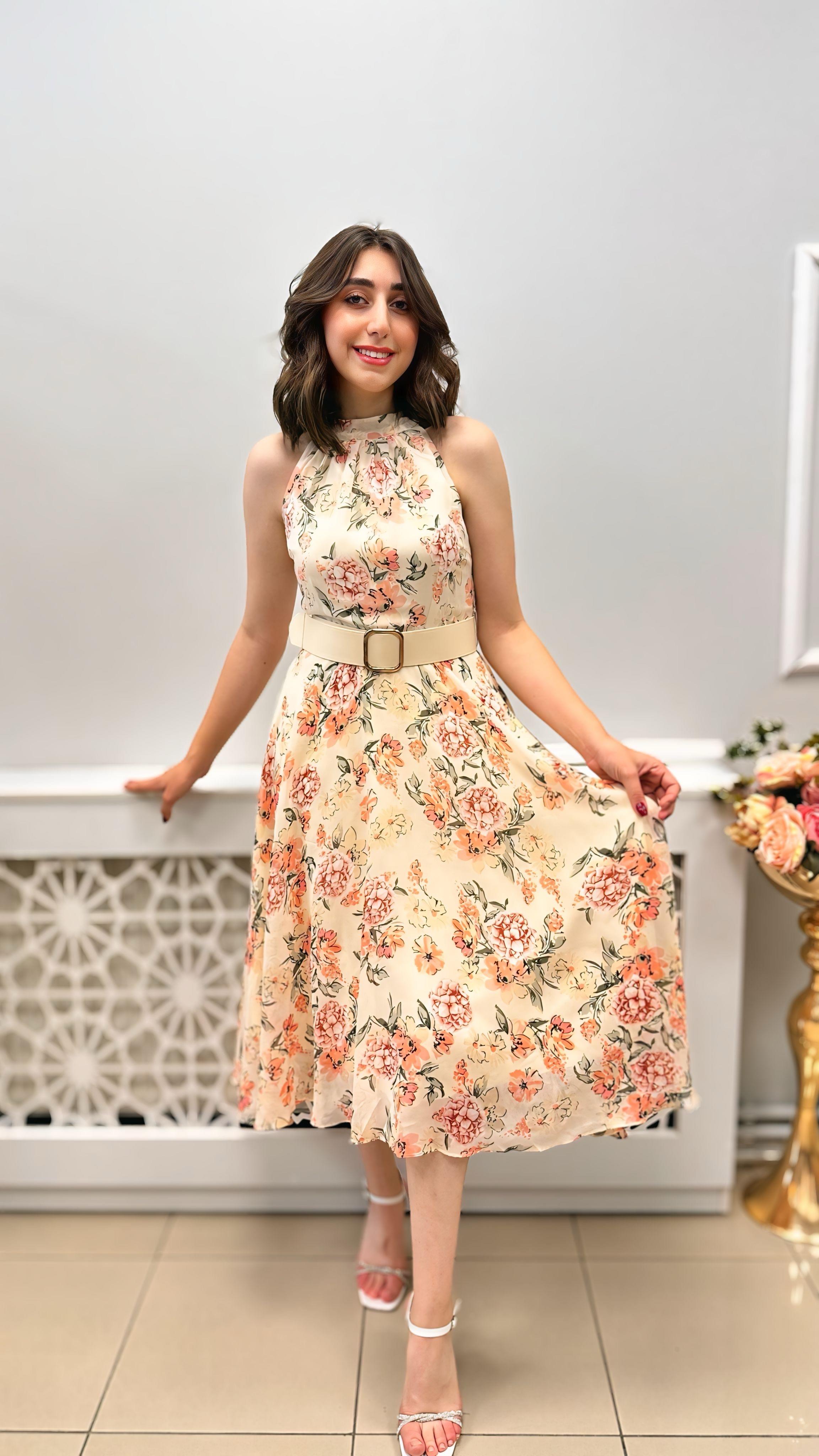 DİANA ASTARLI KEMERLİ ÇİÇEKLİ ELBİSE KREM