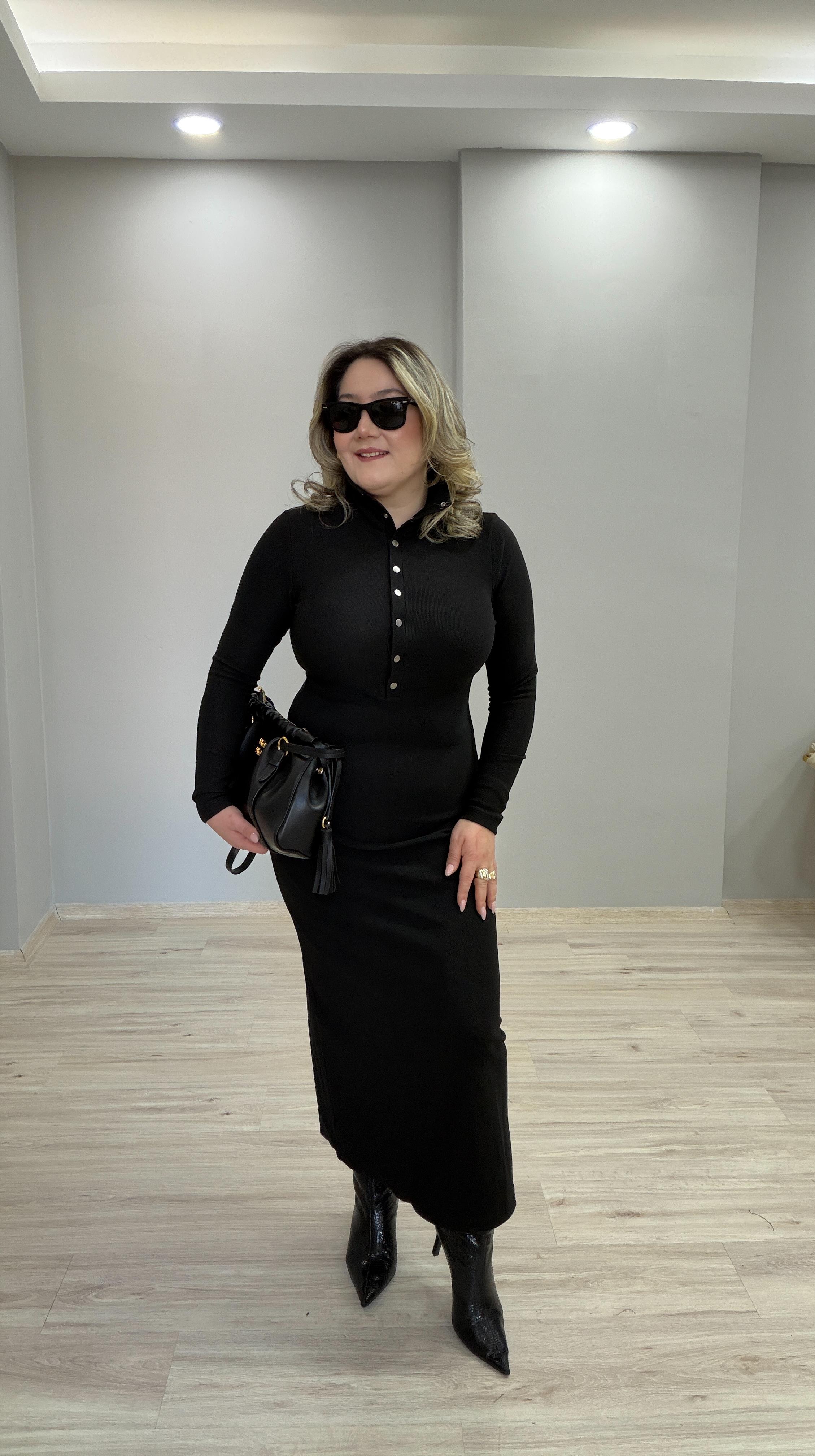 DİK YAKA OTTOMAN KUMAŞ MAXİ ELBİSE SİYAH