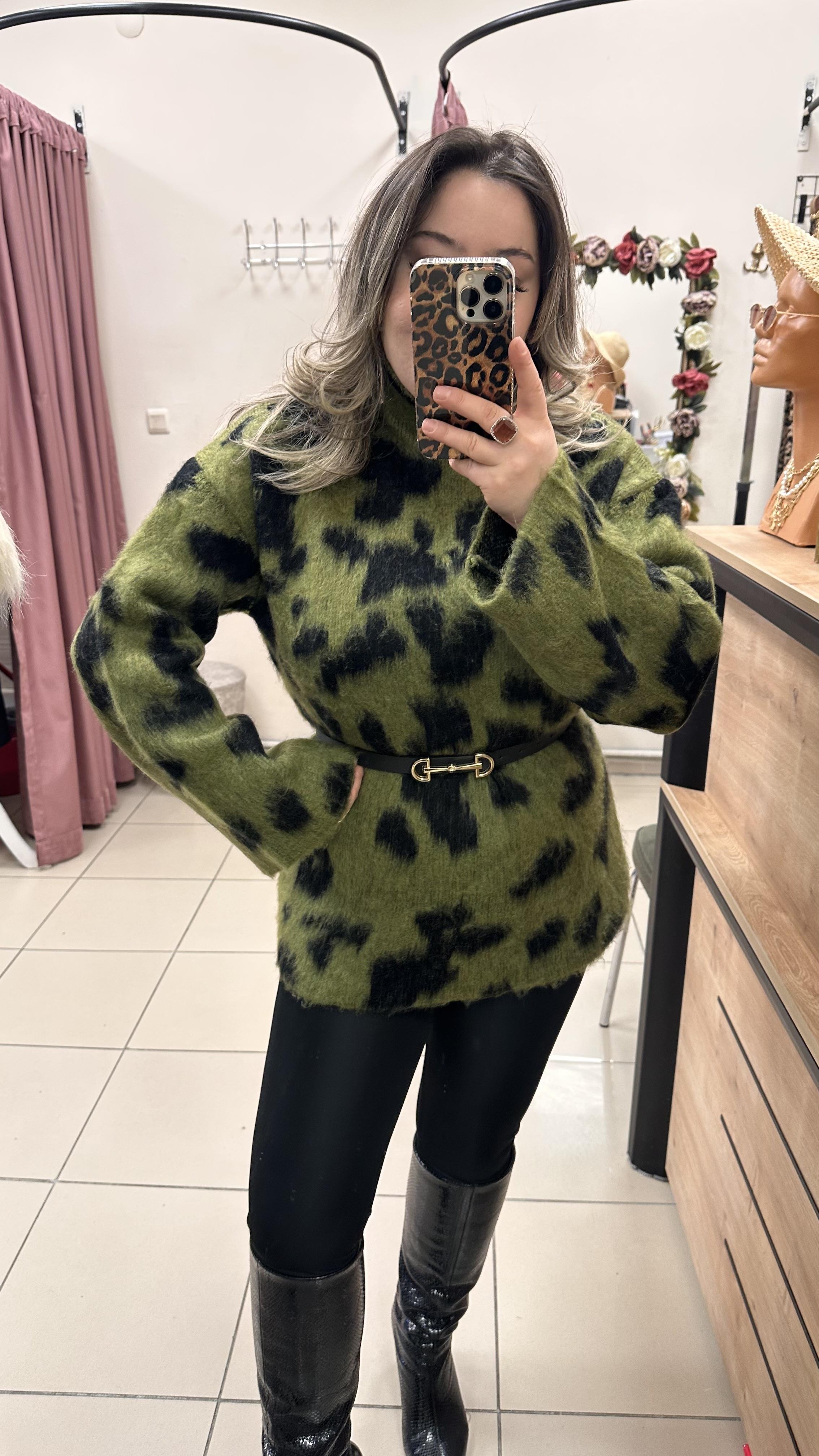 DİK YAKA SALAŞ LEOPAR DESEN KAZAK HAKİ