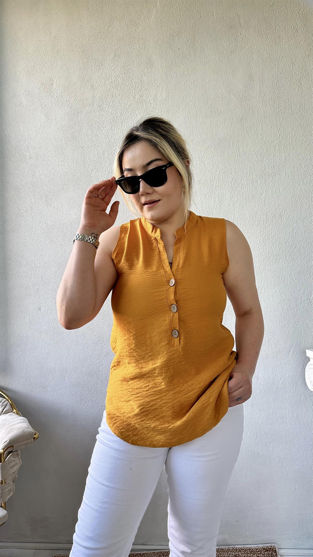 Dik Yaka Sıfır Kol Gömlek-Bluz Hardal sarısı 
