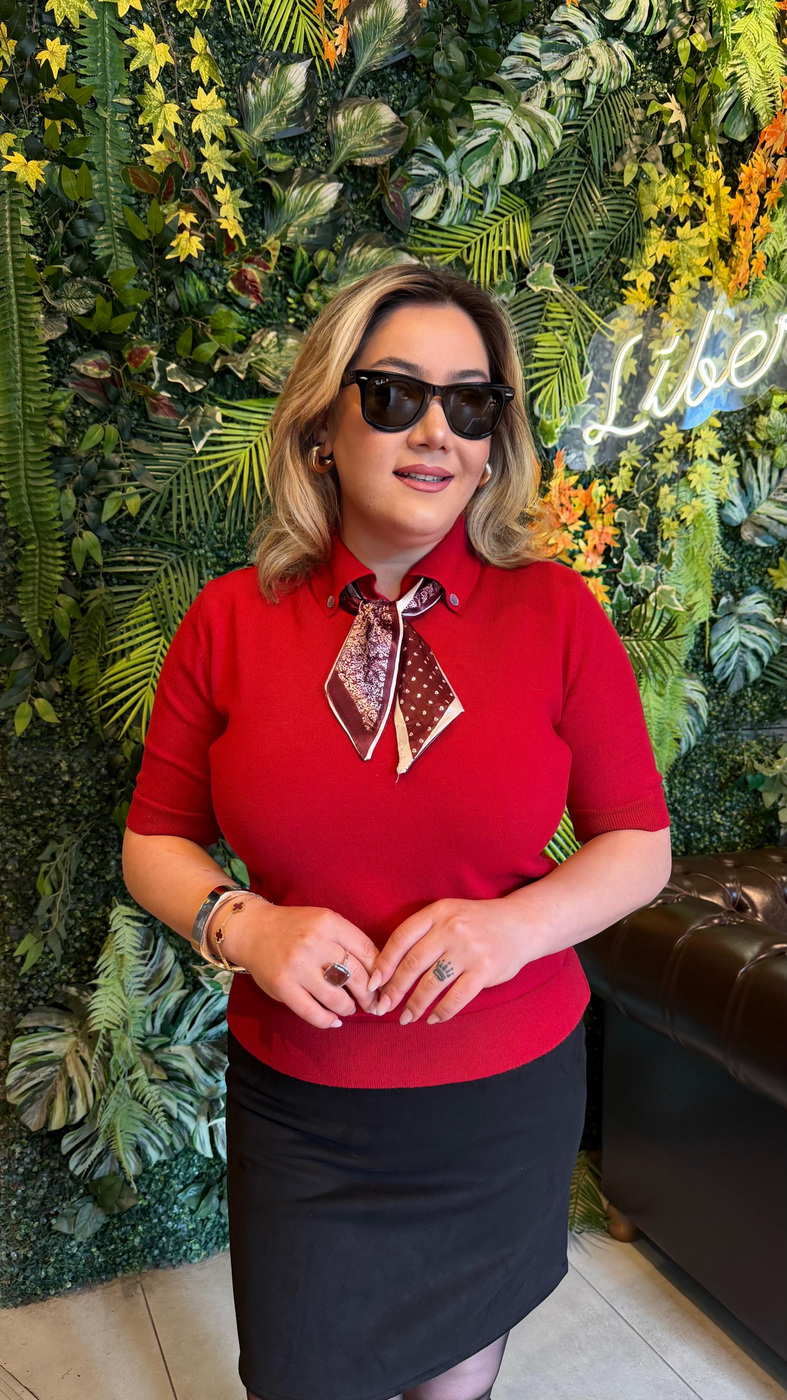 FULARLI POLO YAKA KISA KOL TRİKO KAZAK KIRMIZI