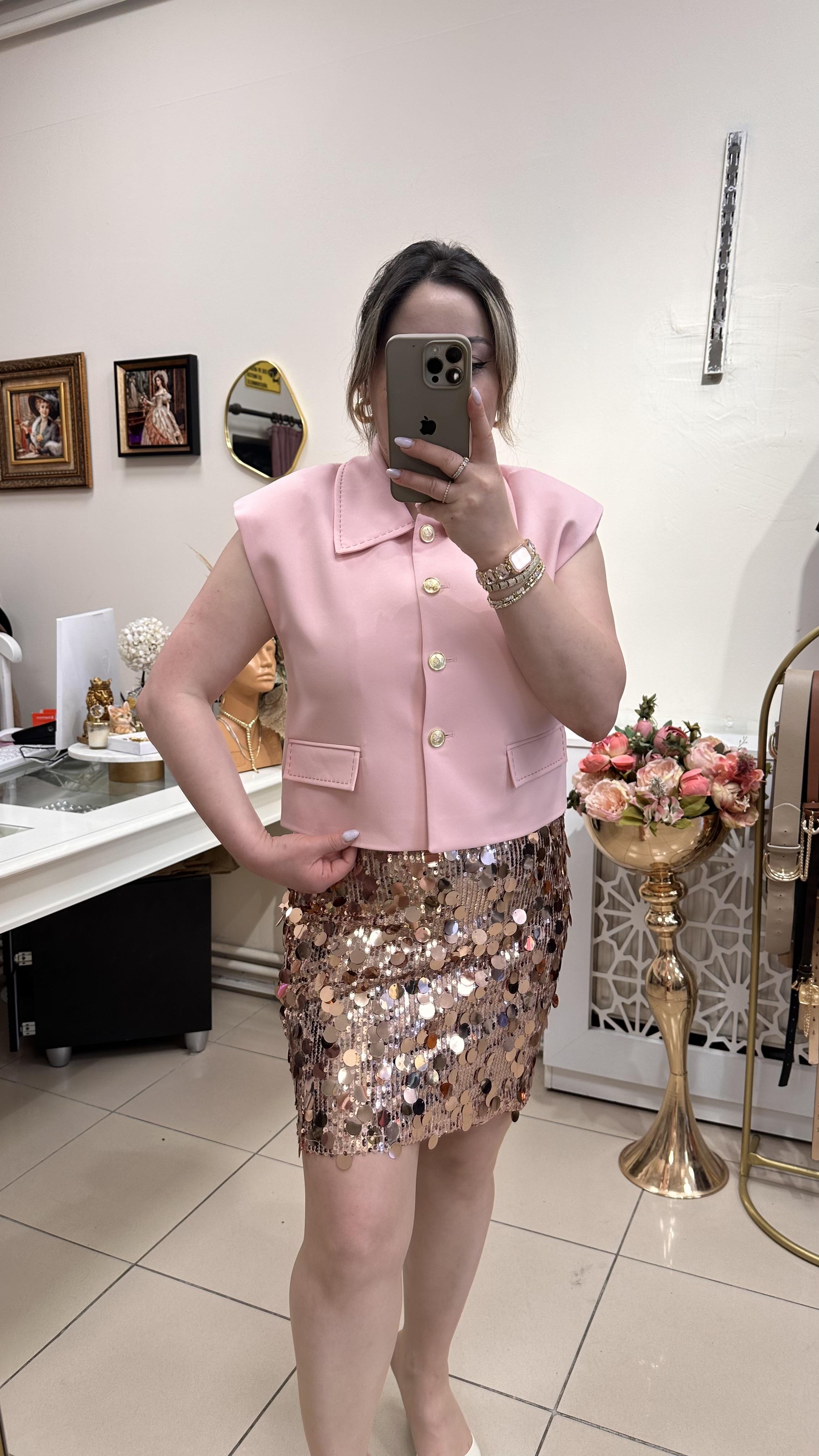 GOLD DÜĞMELİ YELEK PEMBE