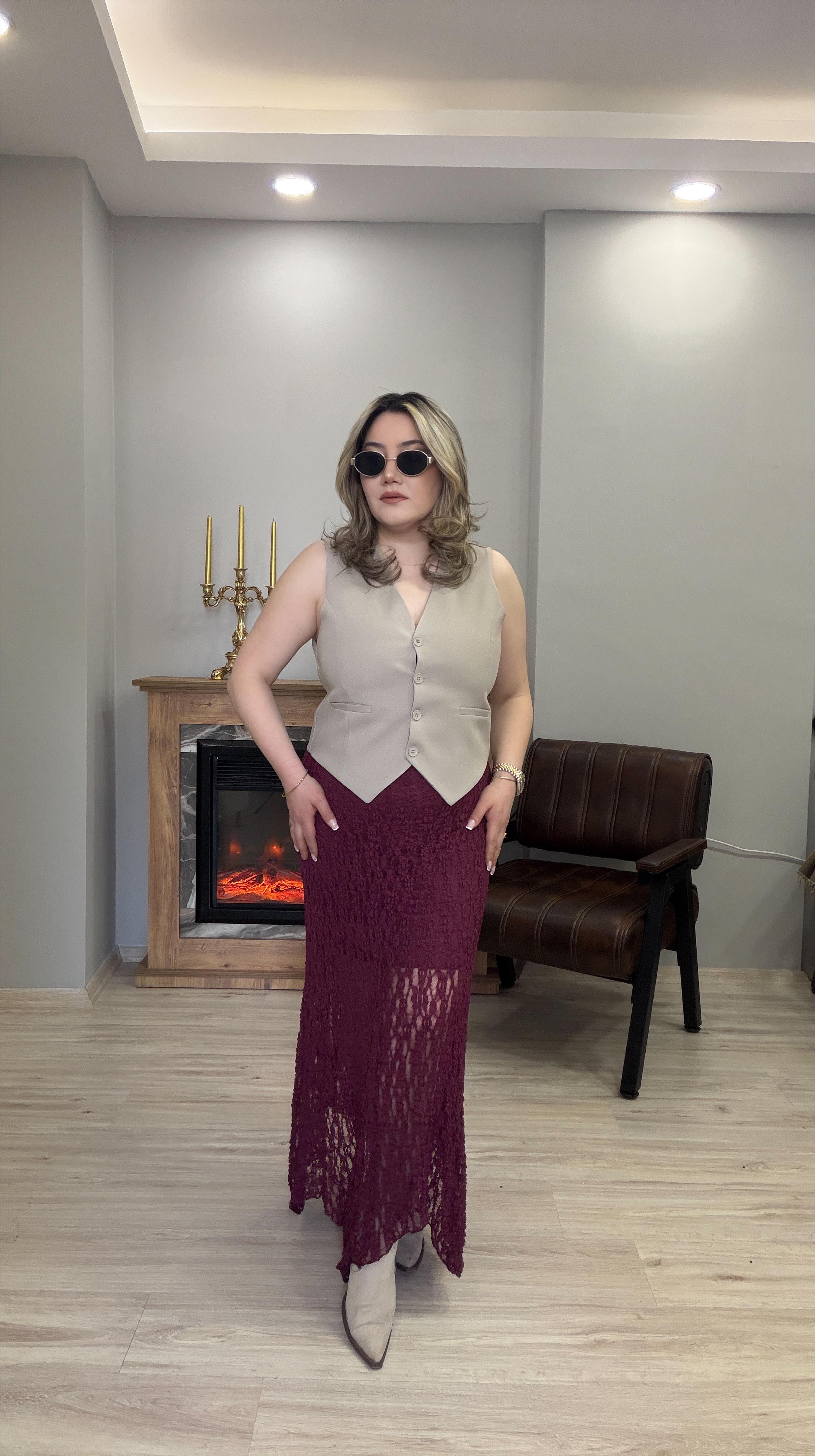 GÜPÜRLÜ YÜKSEK BEL İÇ ASTARLI ETEK BORDO