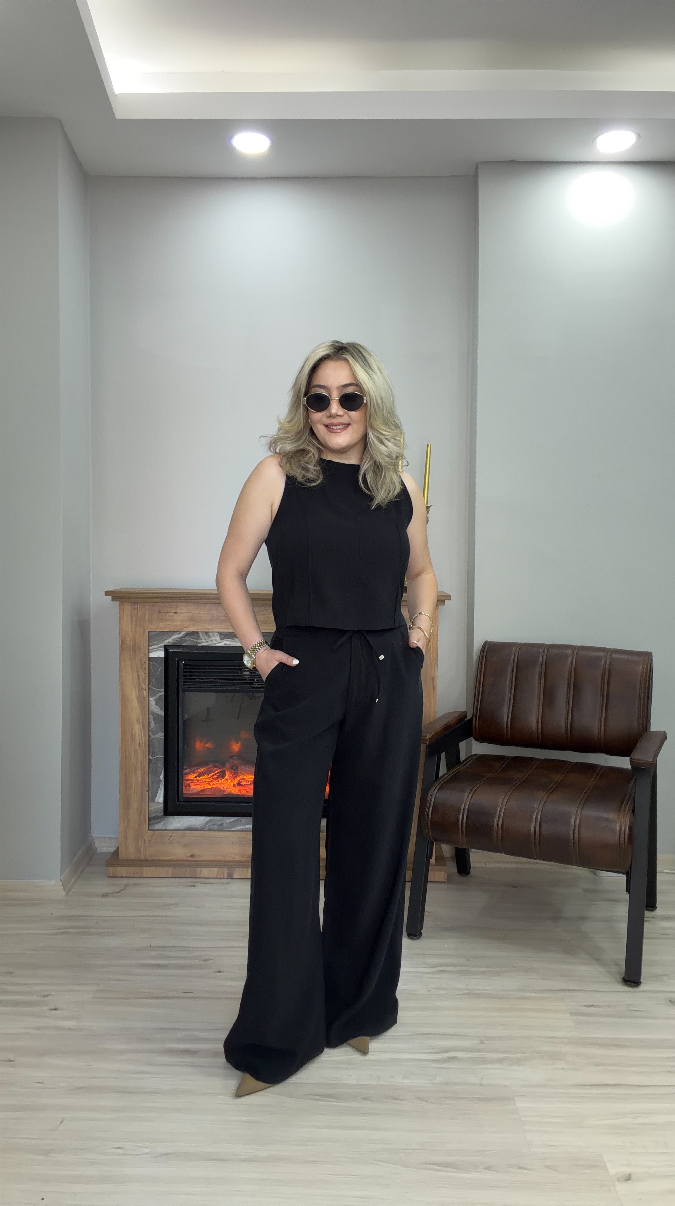 HALTER YAKA TENSEL İKİLİ TAKIM SİYAH