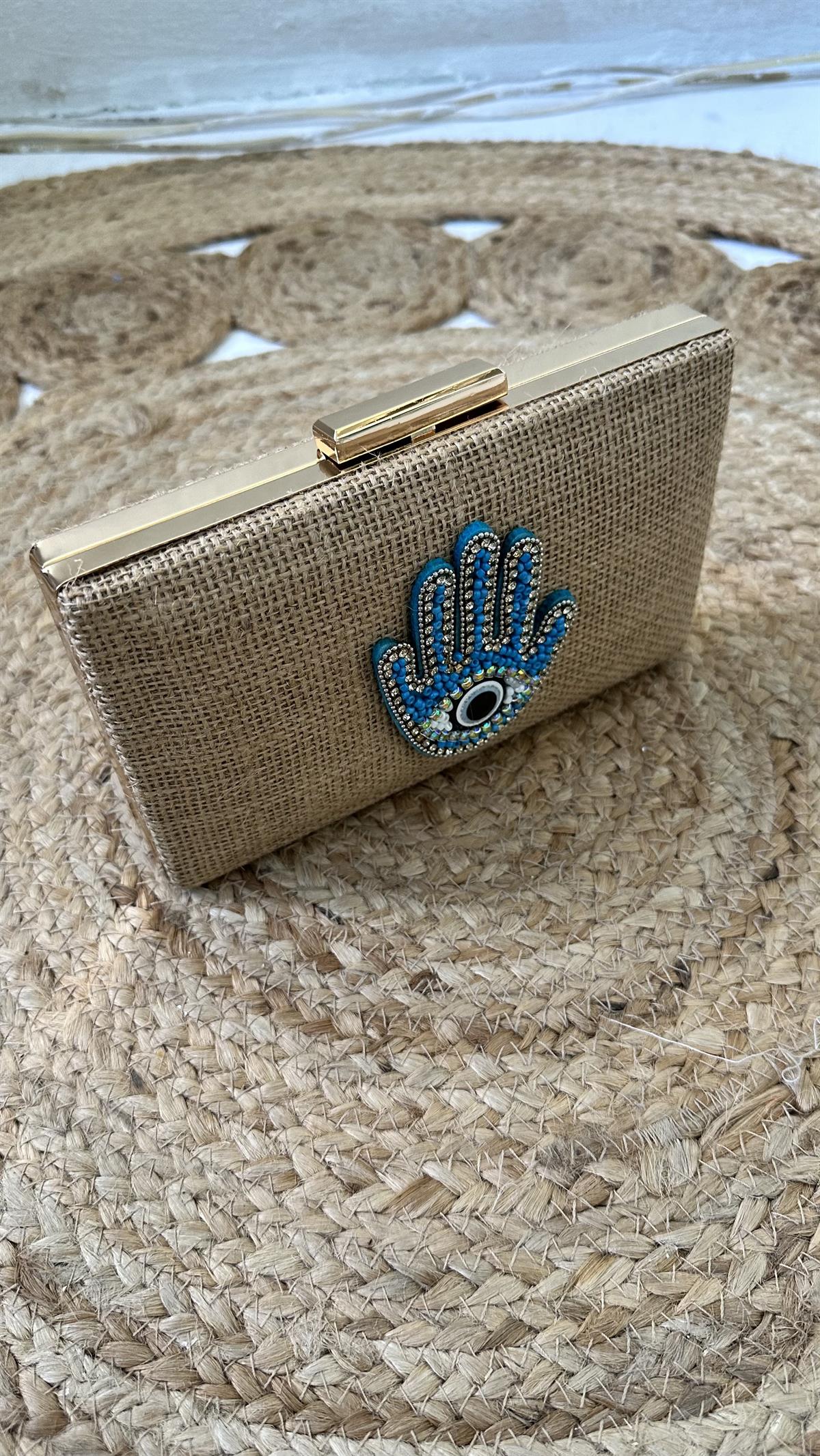 Hamsa Motif İşlemeli Hasır Çanta