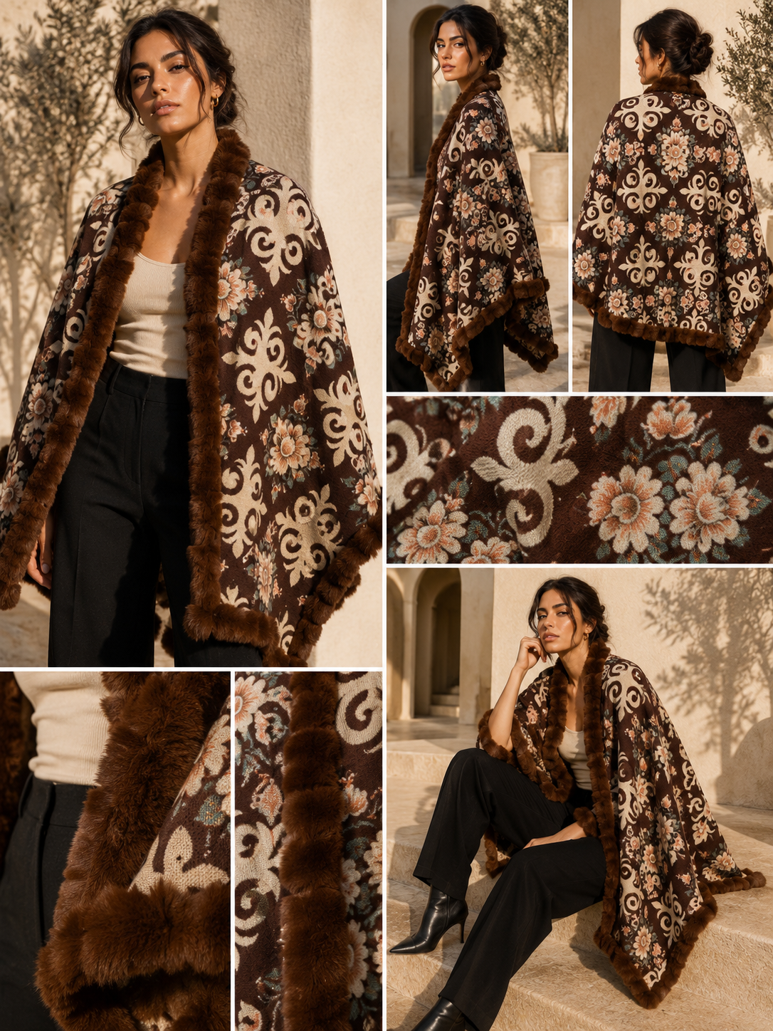 Kahve Vintage Çiçek Desenli Dokuma Panço