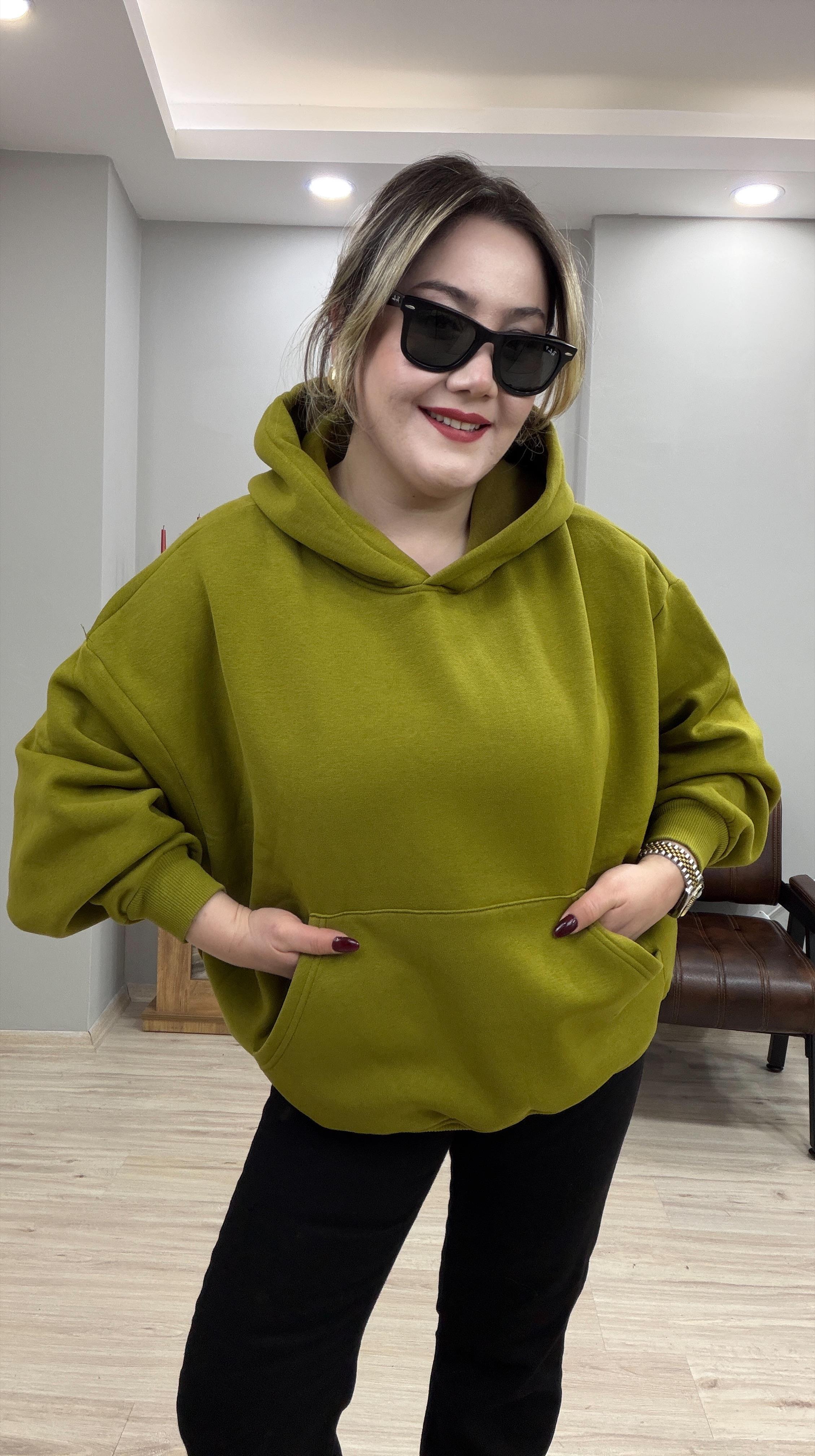 KAPÜŞONLI İÇİ ŞARDONLU SWEATSHİRT YAĞ YEŞİL
