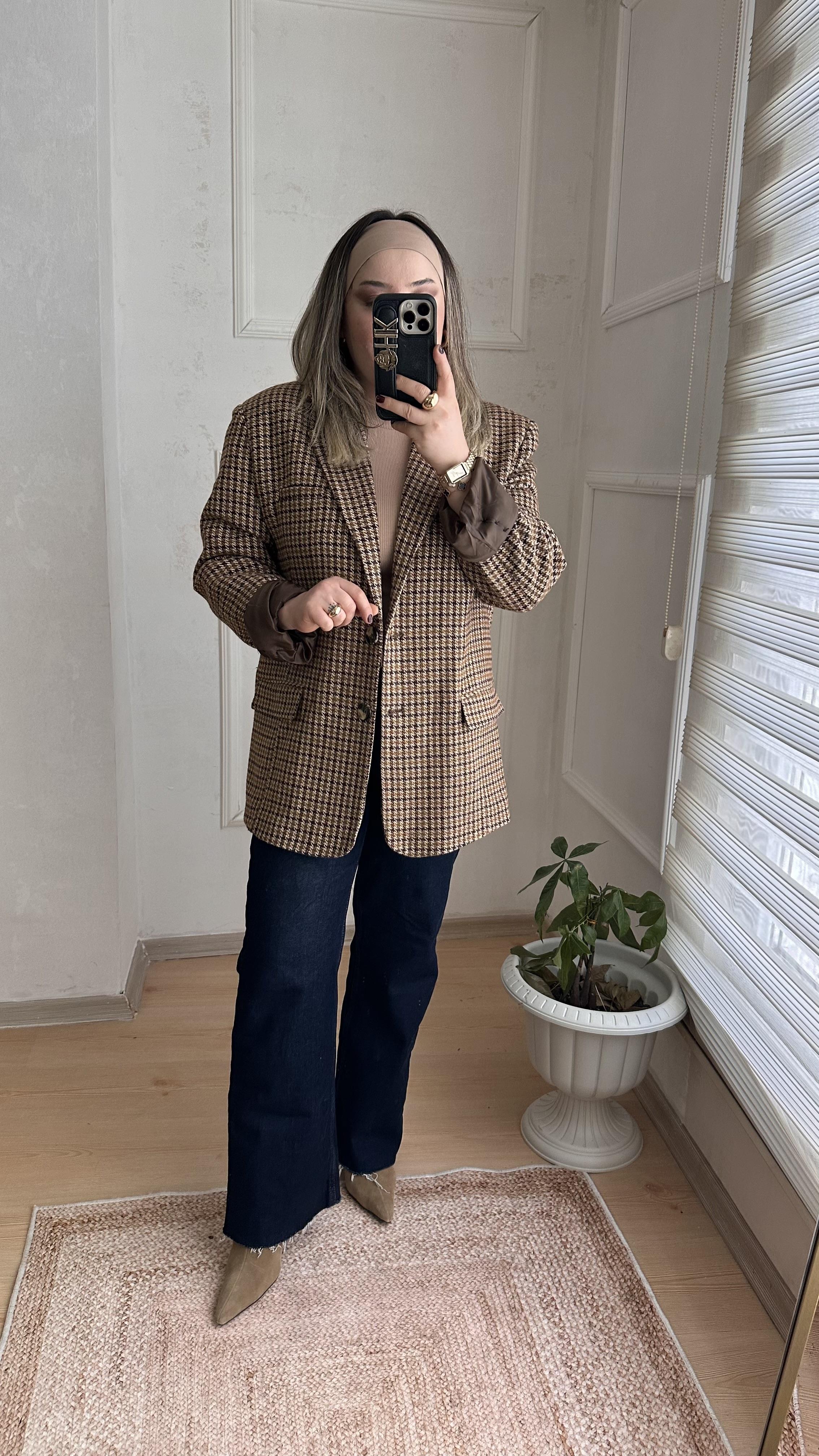 KARE DESENLİ KAŞE BLAZER CEKET