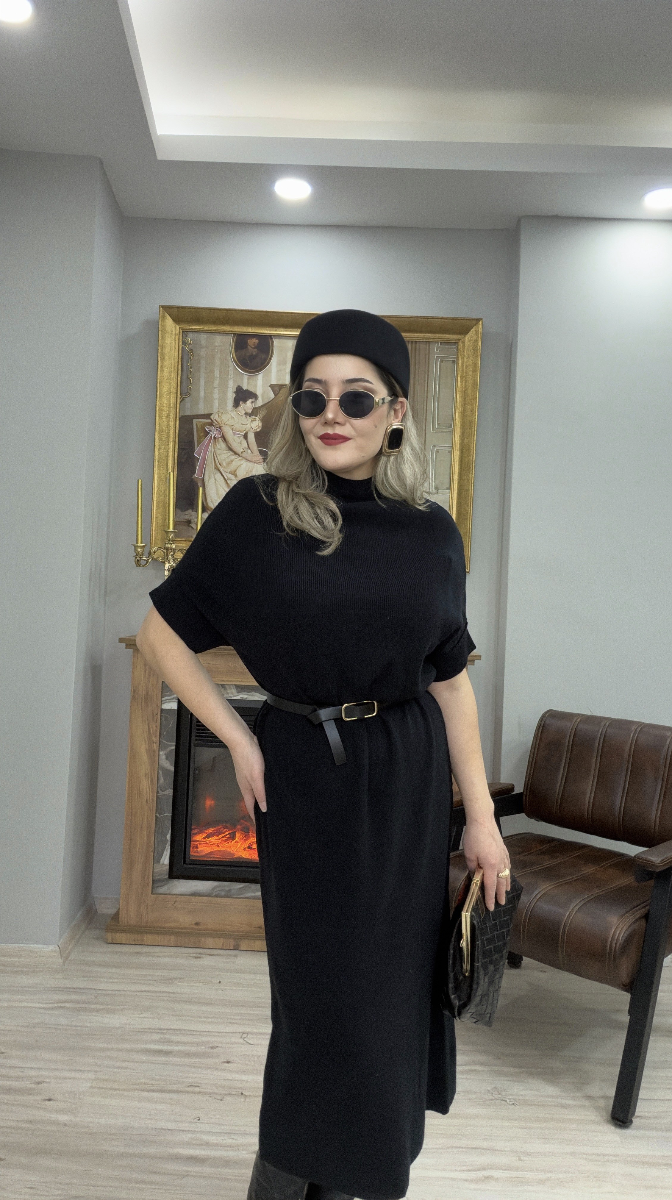 KEMERLİ TRİKO ELBİSE SİYAH