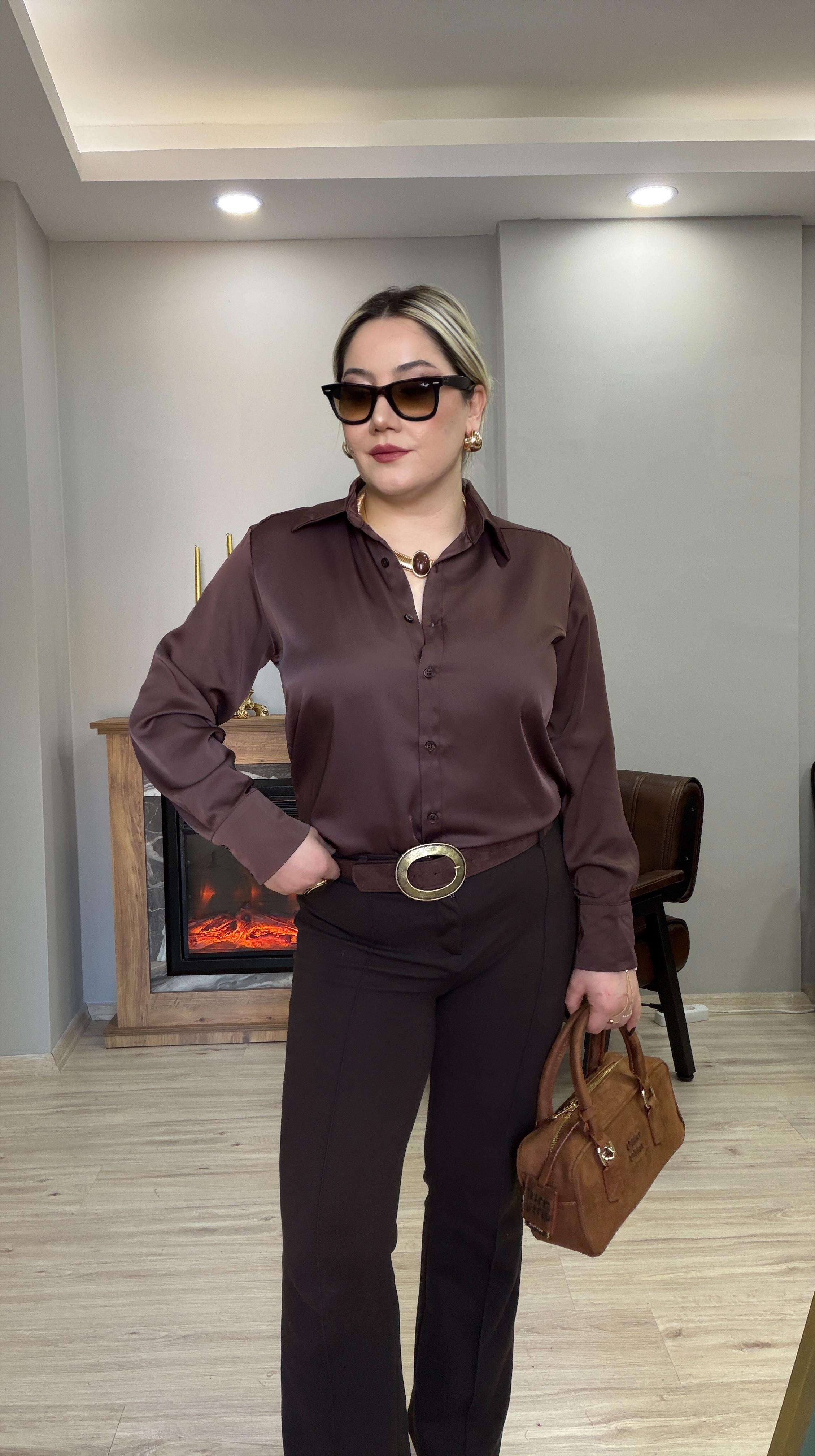 KLASİK SATEN GÖMLEK KAHVE 
