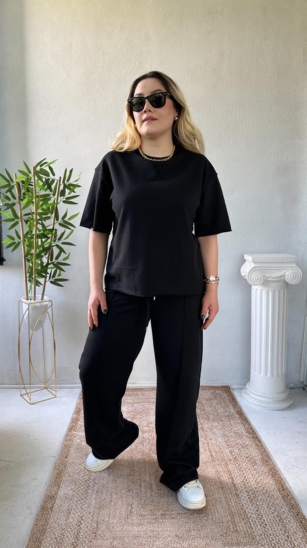 Kol ve Bel Kısmı Kesik Detay Sweat Eşofman Takım Siyah