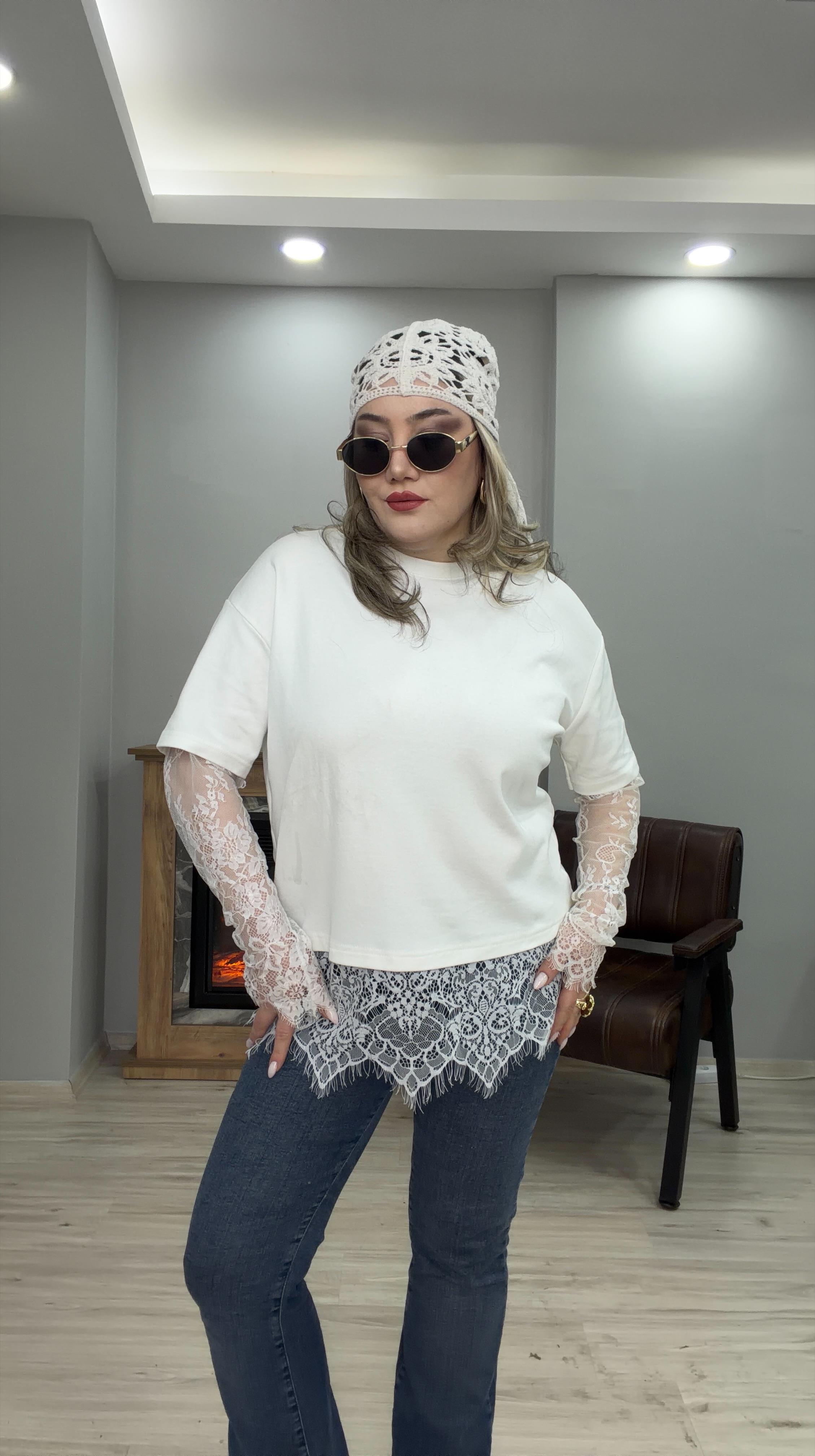 KOLLARI DANTELLİ BASIC TİŞÖRT EKRU 