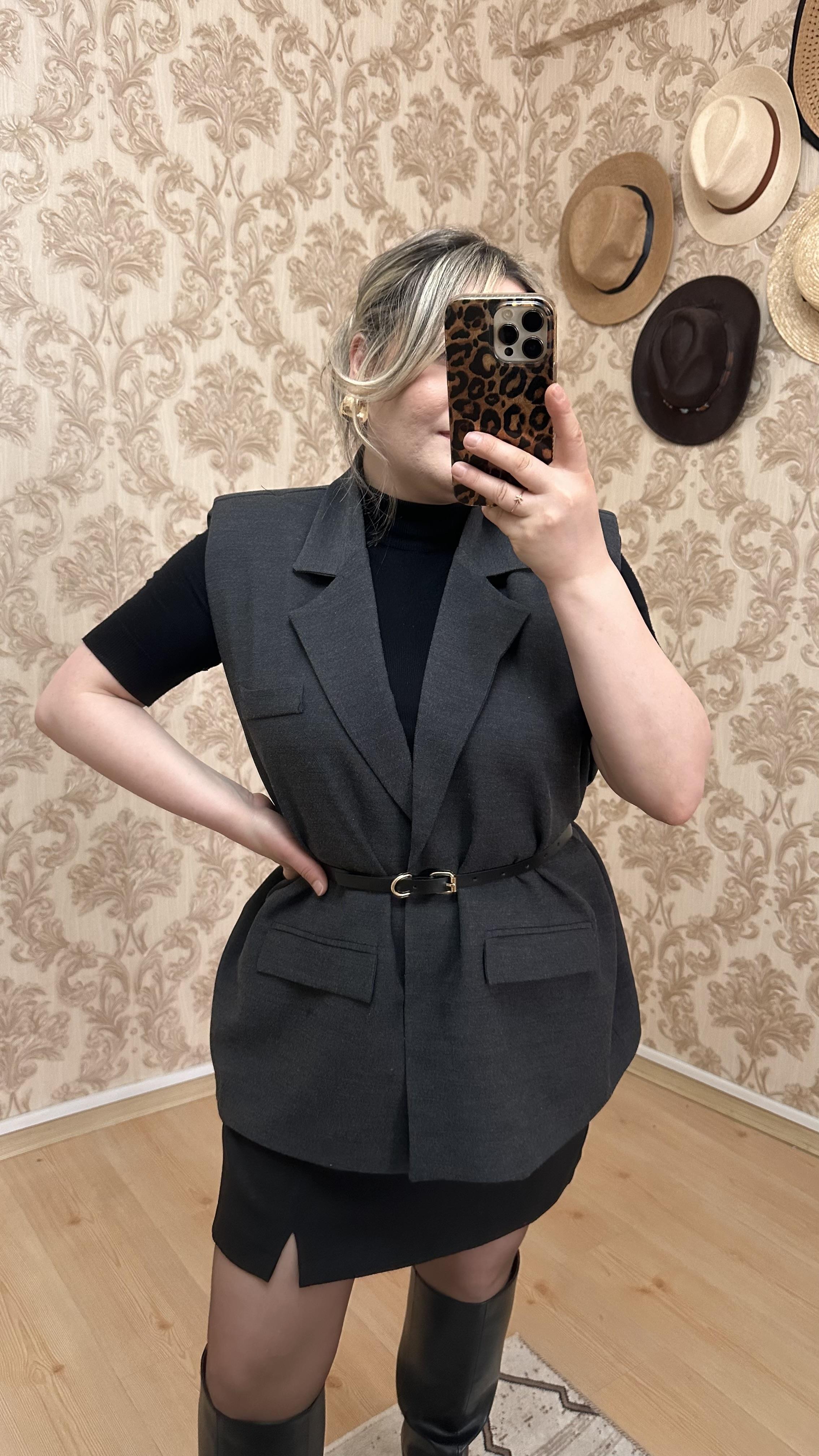 KOLSUZ KEMERLİ BLAZER CEKET YELEK ANTRASİT