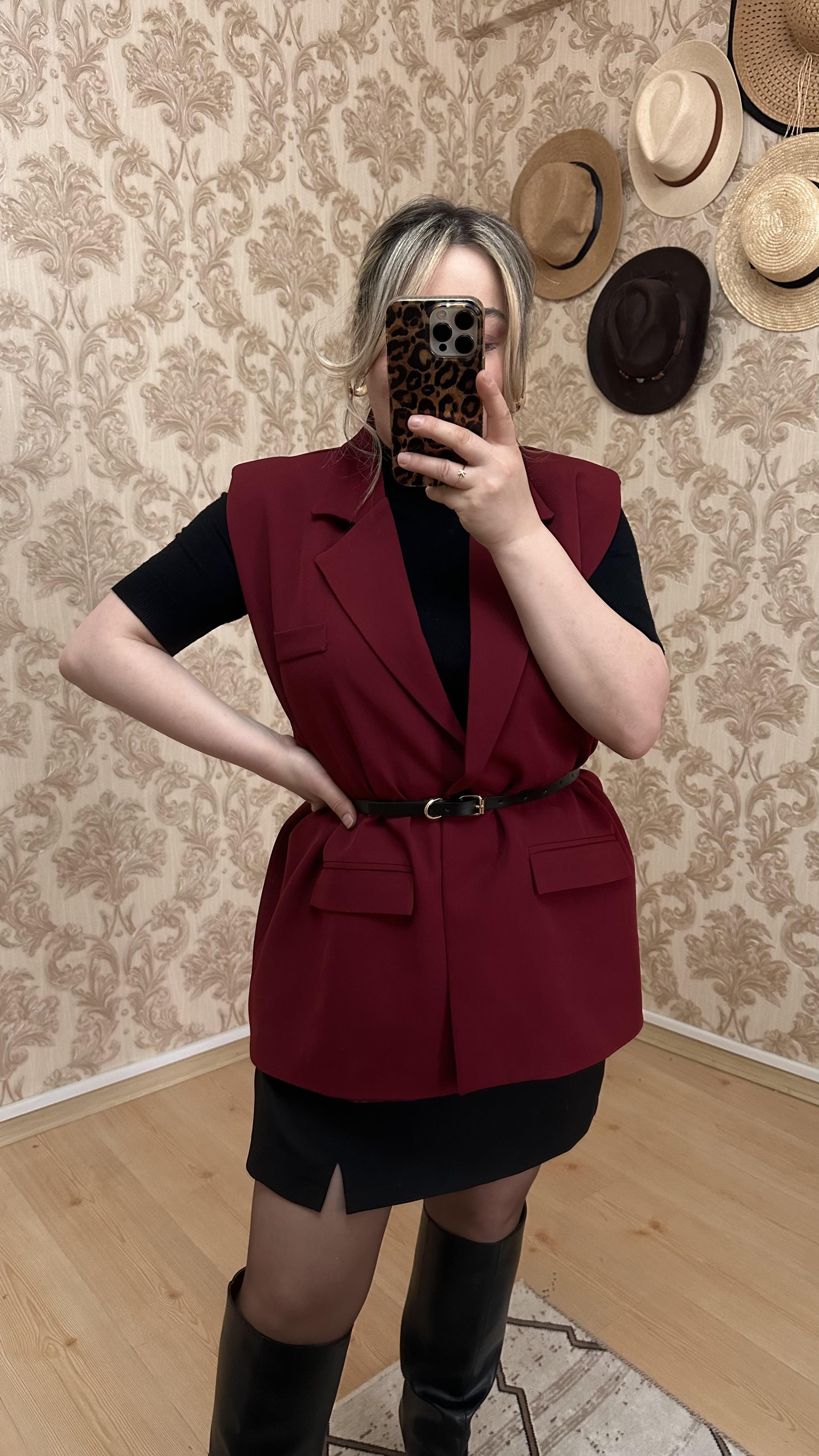 KOLSUZ KEMERLİ BLAZER CEKET YELEK BORDO