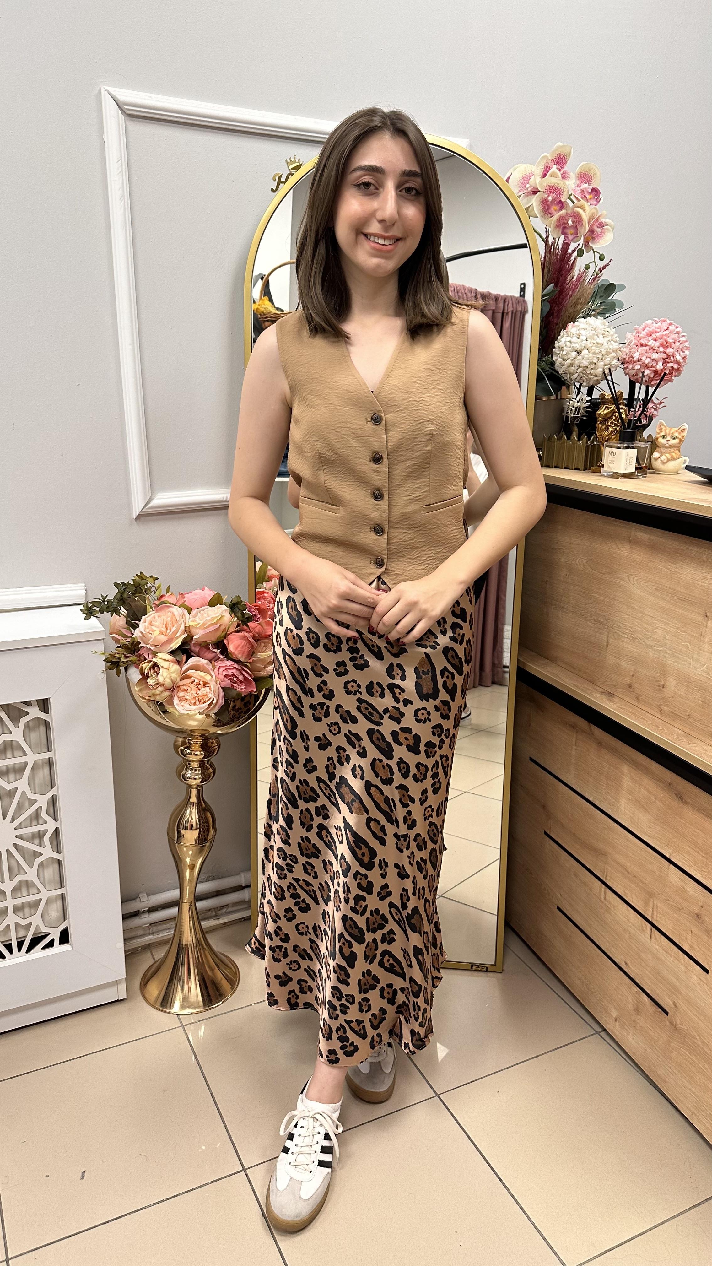 LEOPAR DESEN SATEN ETEK MİDİ BOY KAHVE