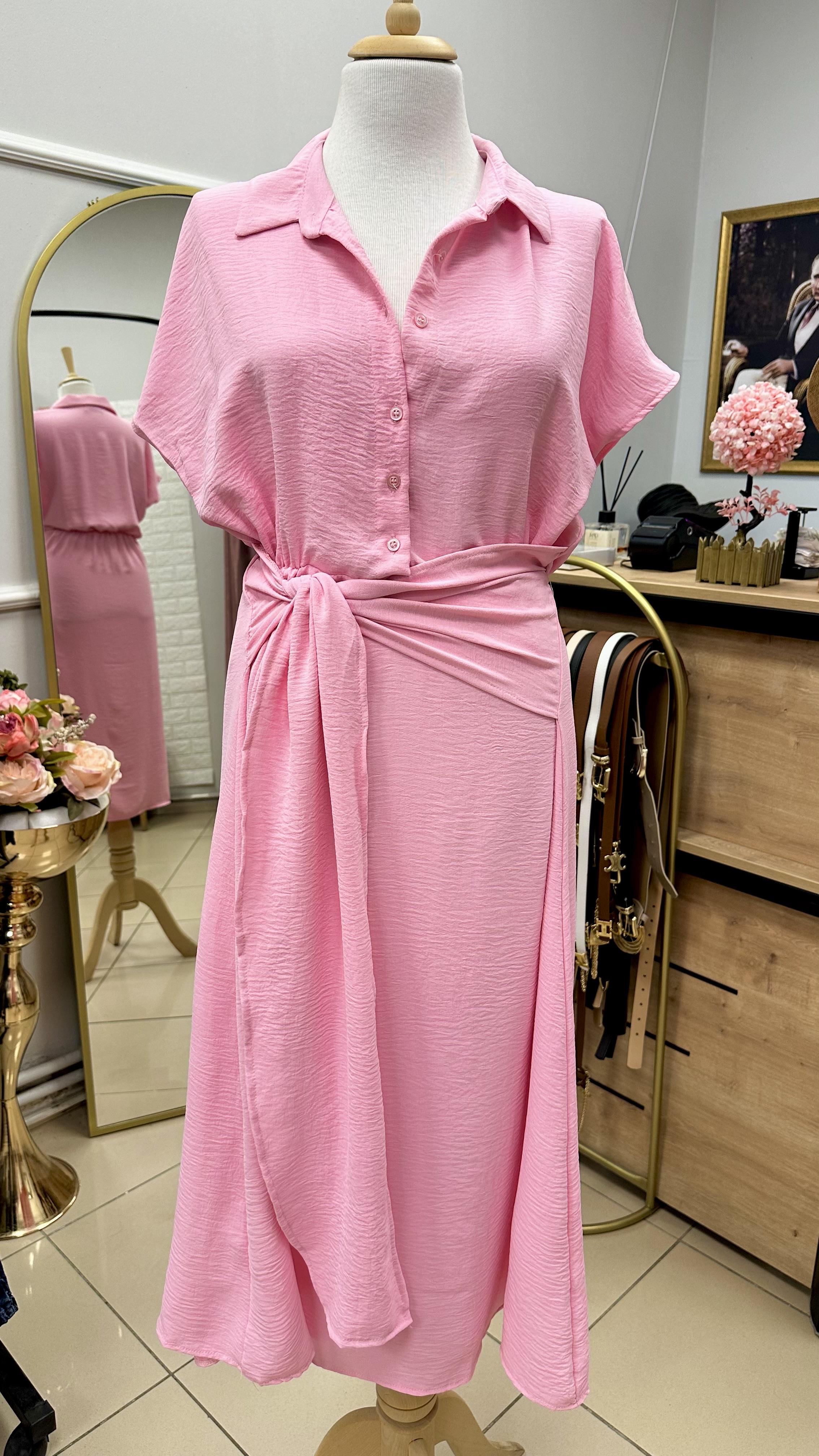 MARKA MODEL BELİ KUŞAKLI MİDİ BOY KLOŞ ELBİSE ŞEKER PEMBE