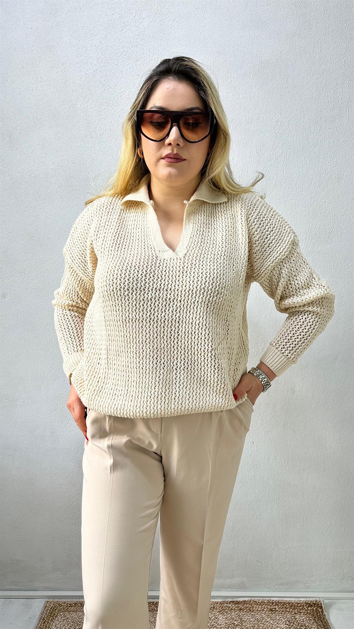 Polo Yaka Örgü Kazak Ekru