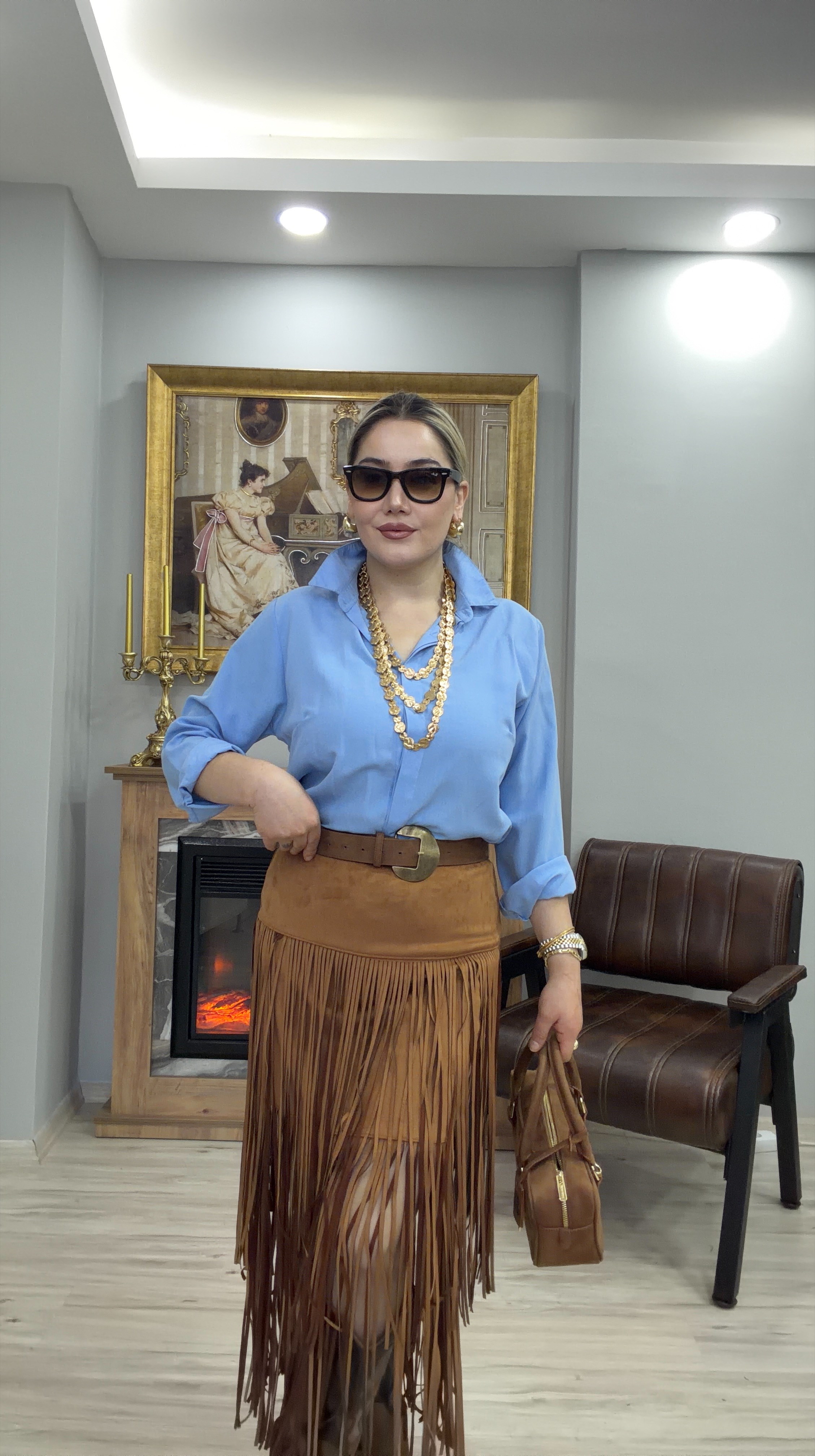 PÜSKÜL DETALI SÜET MİDİ BOY ETEK TABA