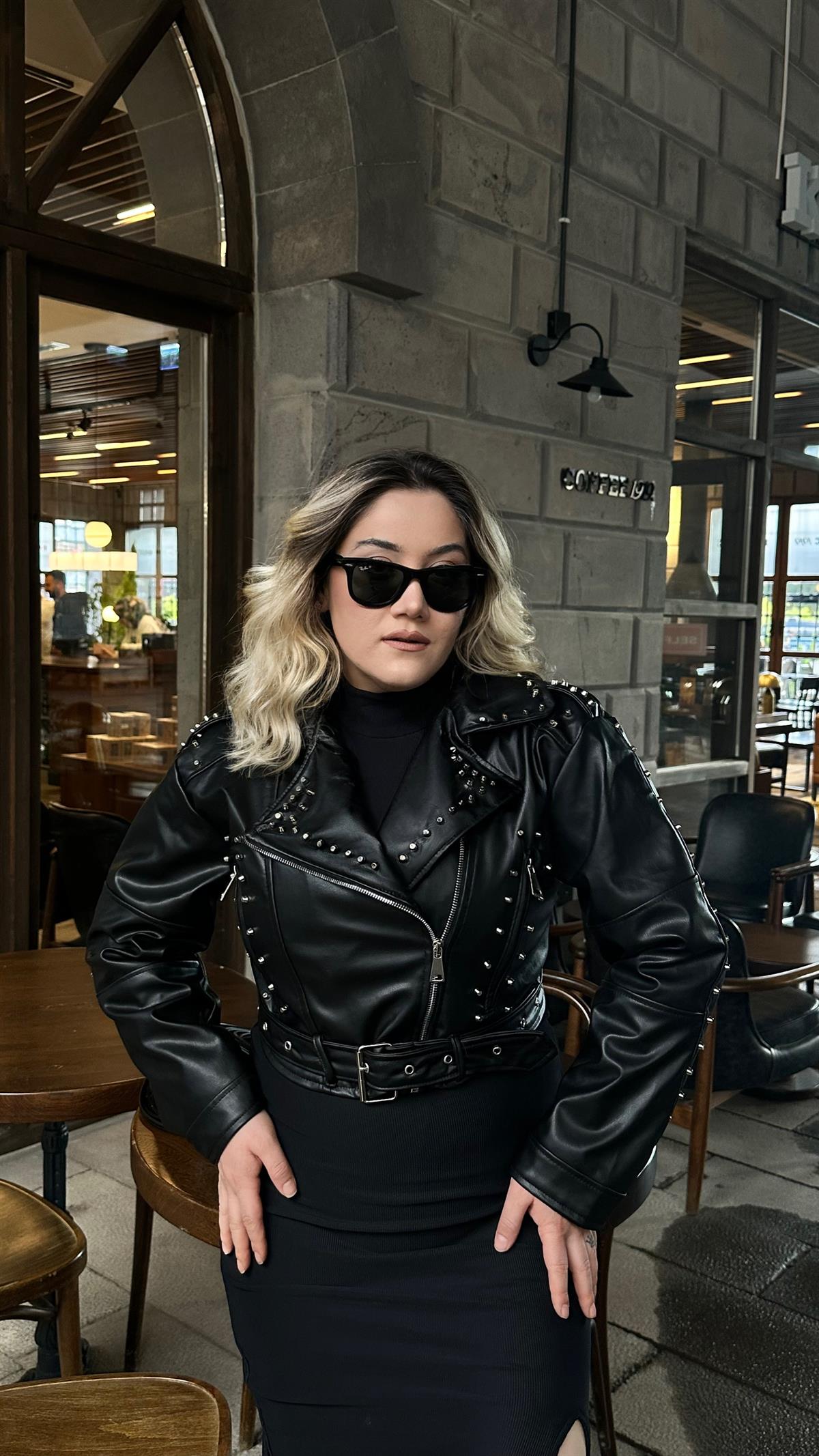 Siyah Droplu Tasarım Deri Ceket