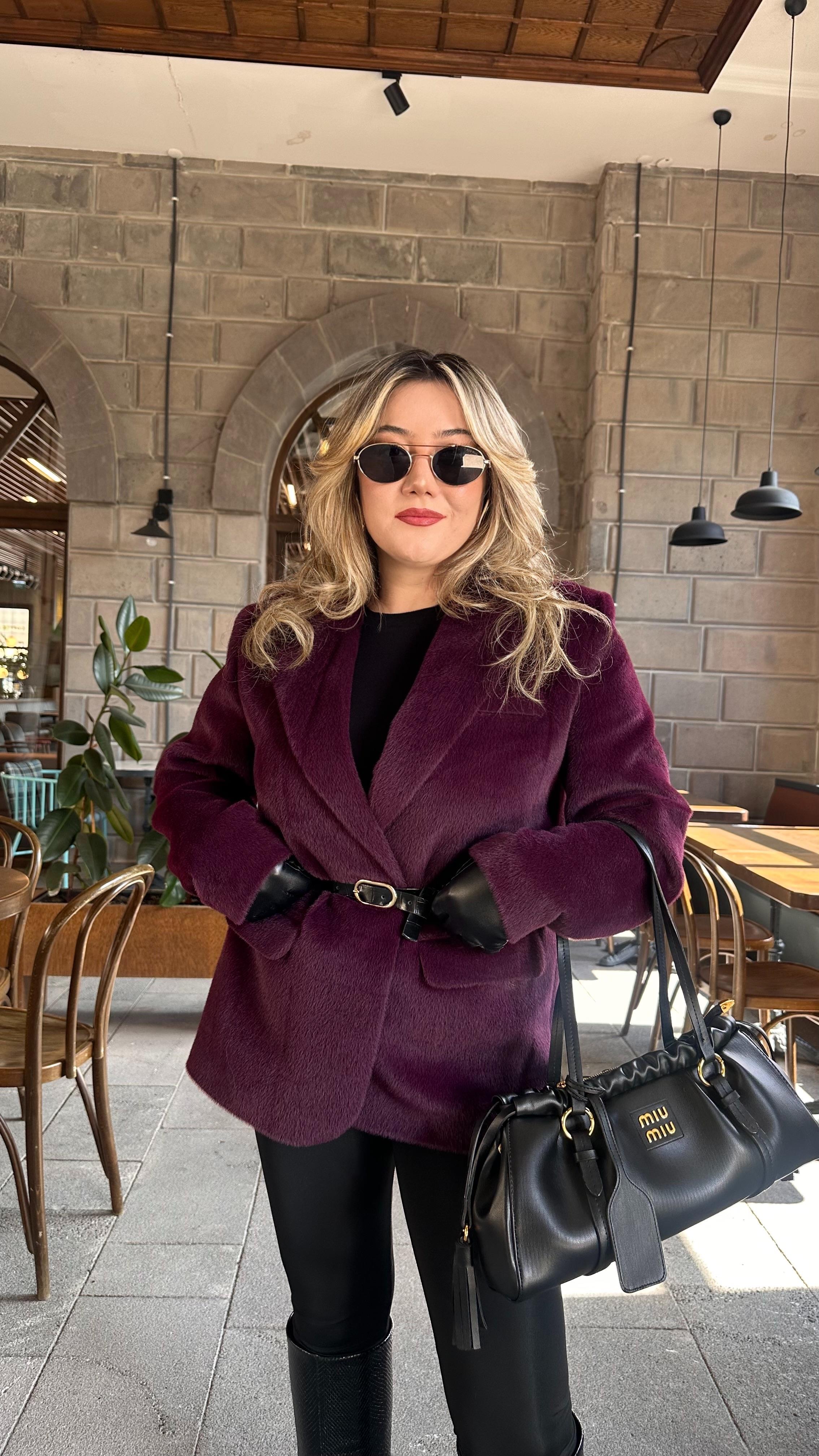 TAY TÜYLÜ KEMERLİ BLAZER CEKET MÜRDÜM