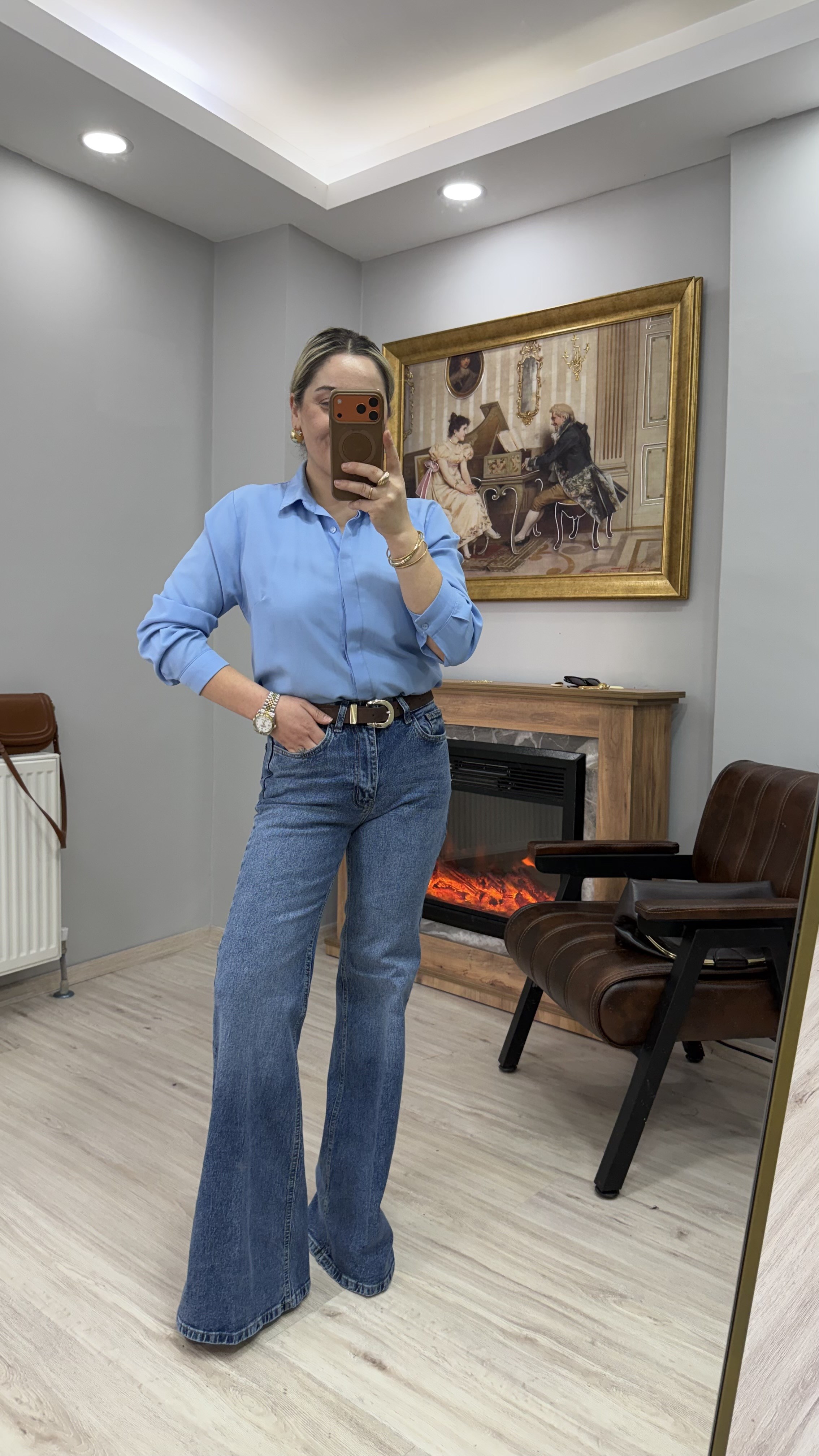YÜKSEK BEL KEMERLİ İSPANYOL JEAN MAVİ