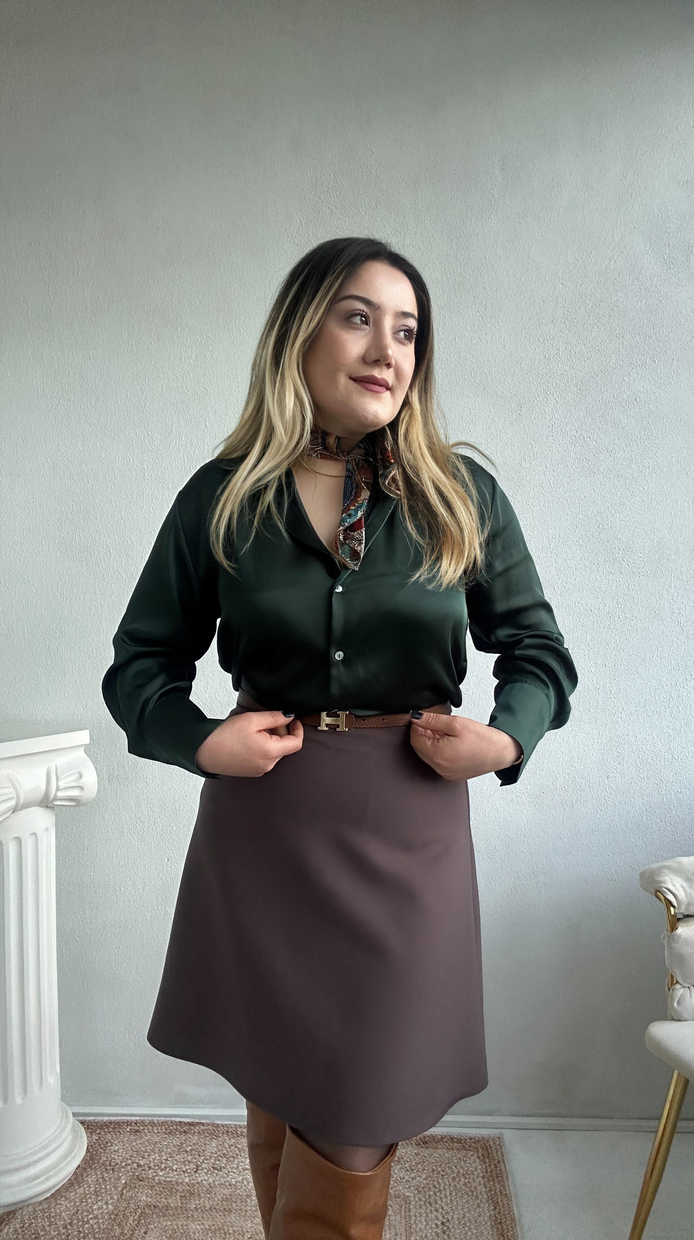 Yüksek bel kumaş çan etek kahve
