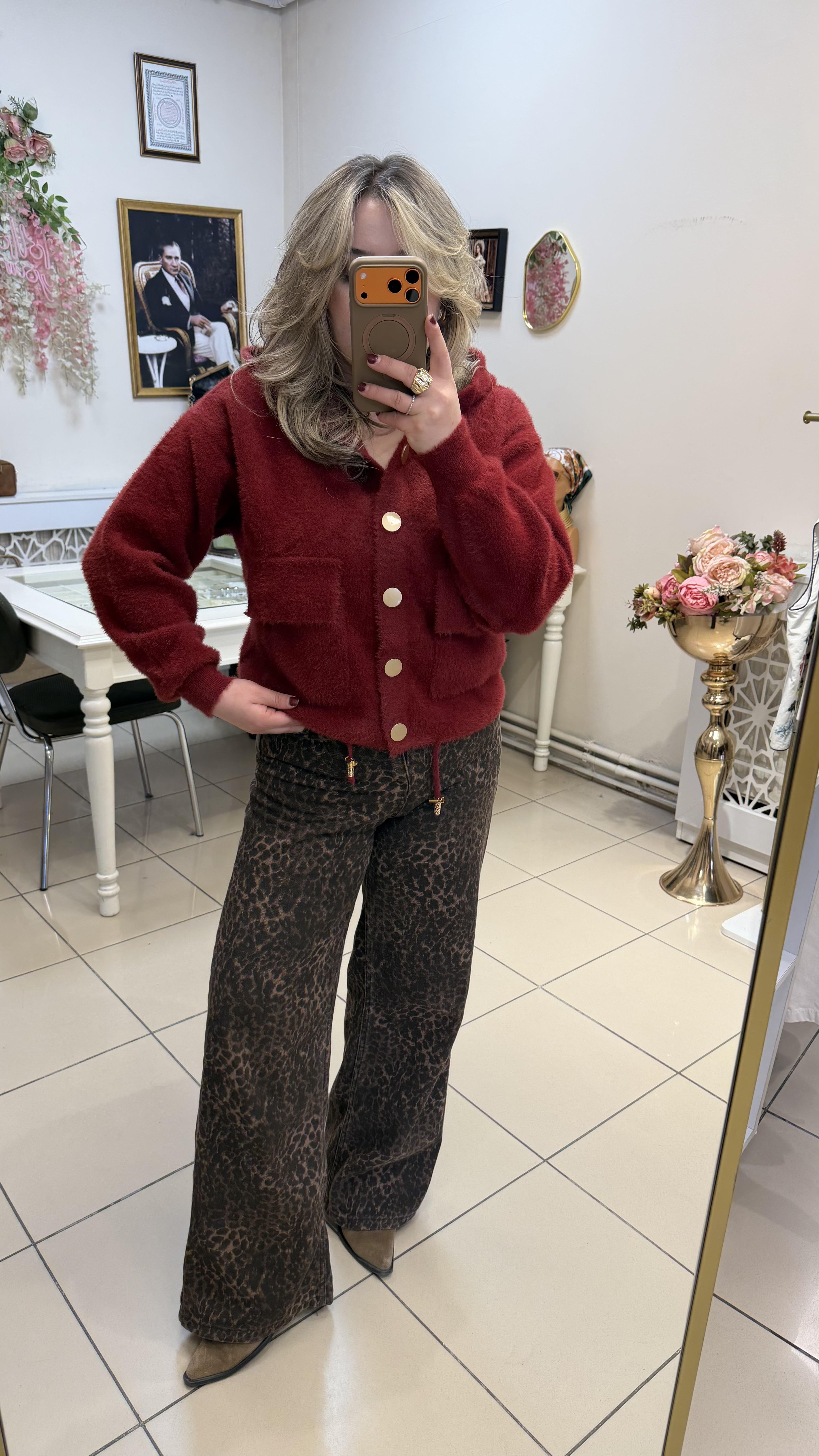 YÜKSEK BEL LEOPAR DESEN WİDE LEG JEAN KAHVE