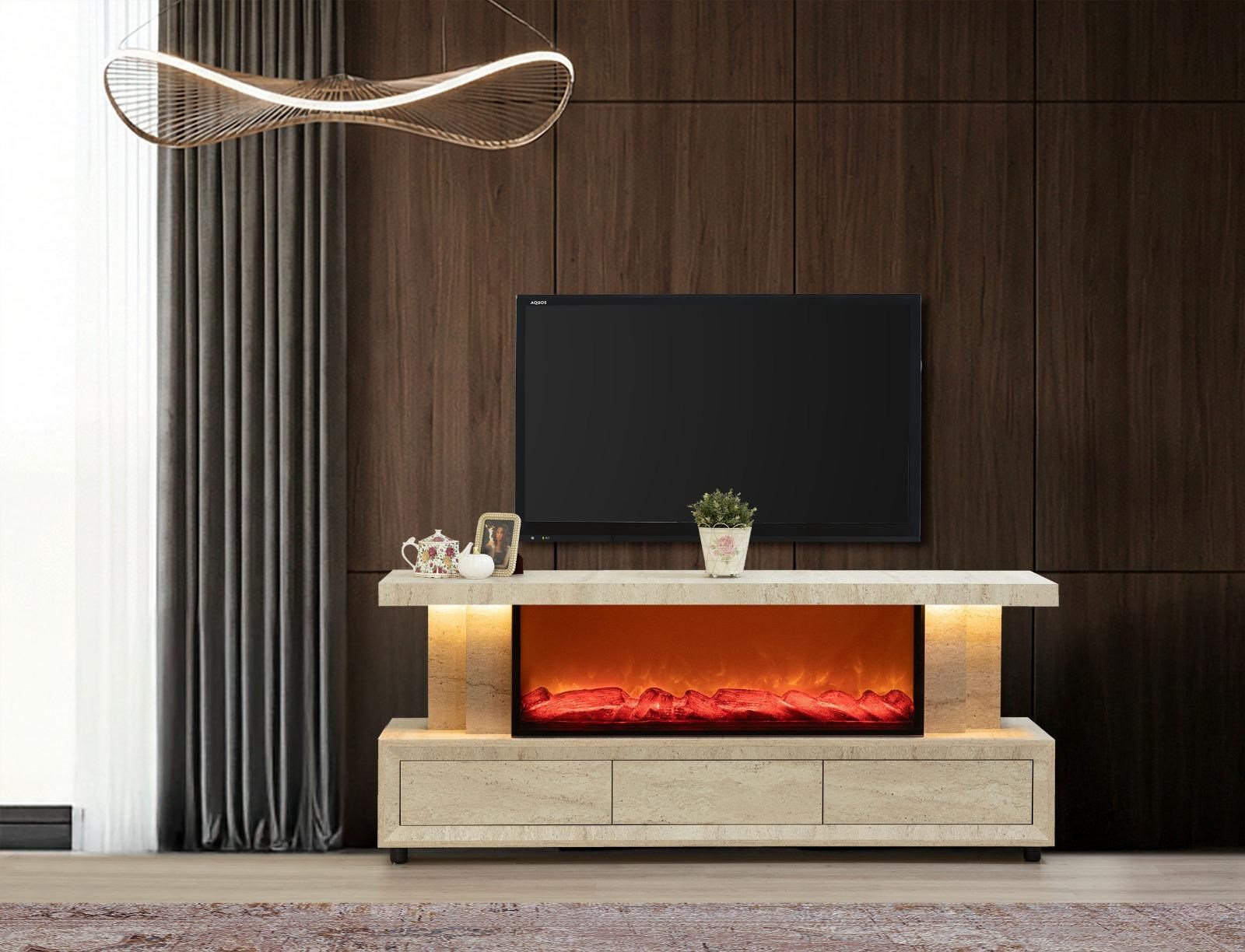 Efes Mdf Şömineli Traverten Bluetooth Bağlantılı Renk Değişimli Tv Ünitesi